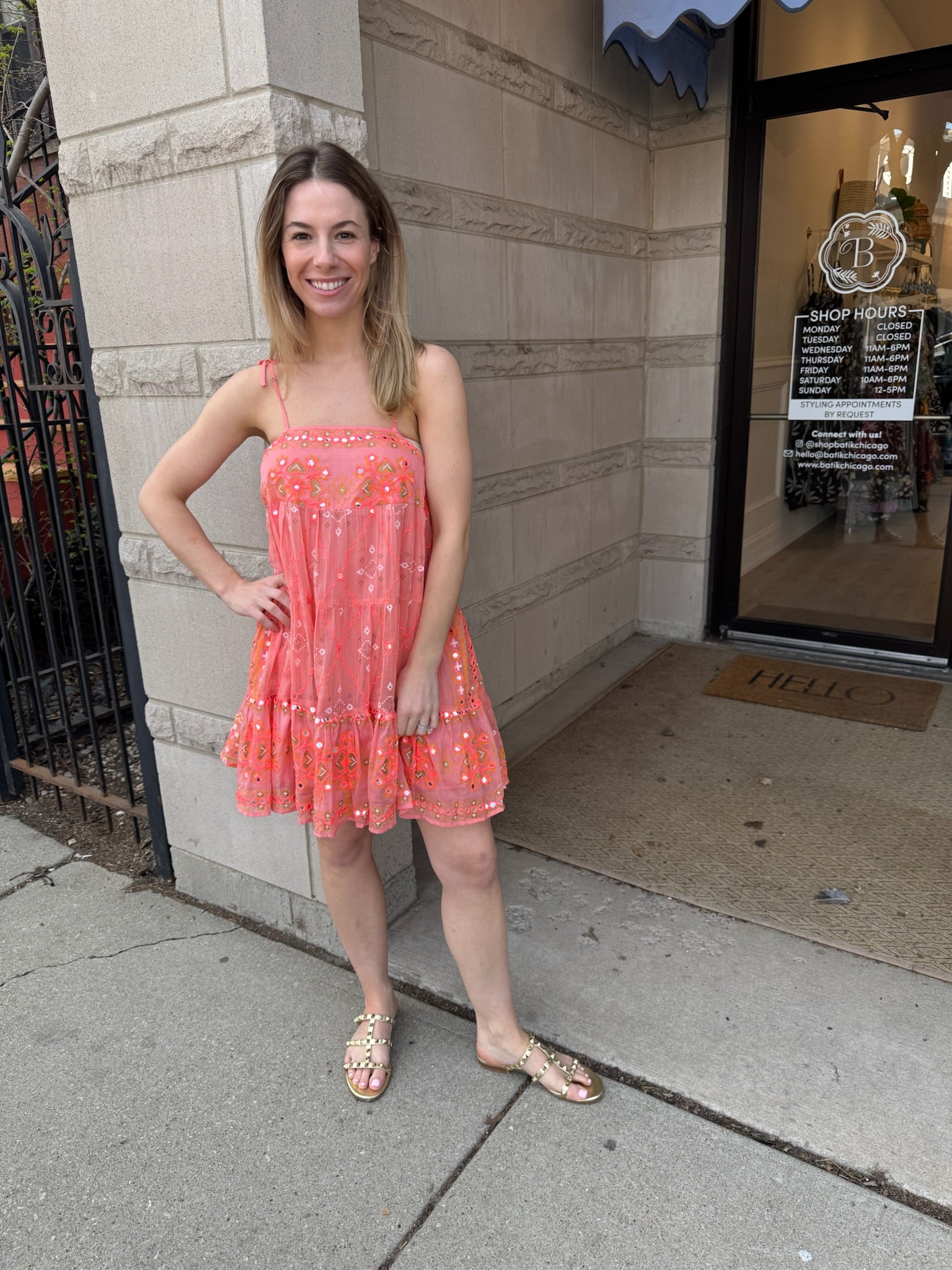 Juliet Dunn Trapeze Mini Dress with Mosaic Mirror Embroidery - Coral Juliet Dunn Trapeze Mini Dress with Mosaic Mirror Embroidery - Coral