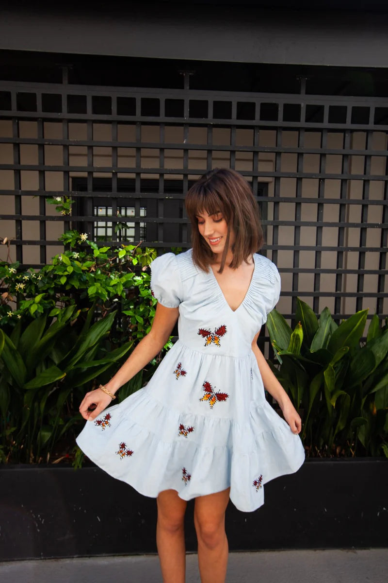 white dress blue butterflies Butterfly Wings Wrap Maxi Dress - Blue/White