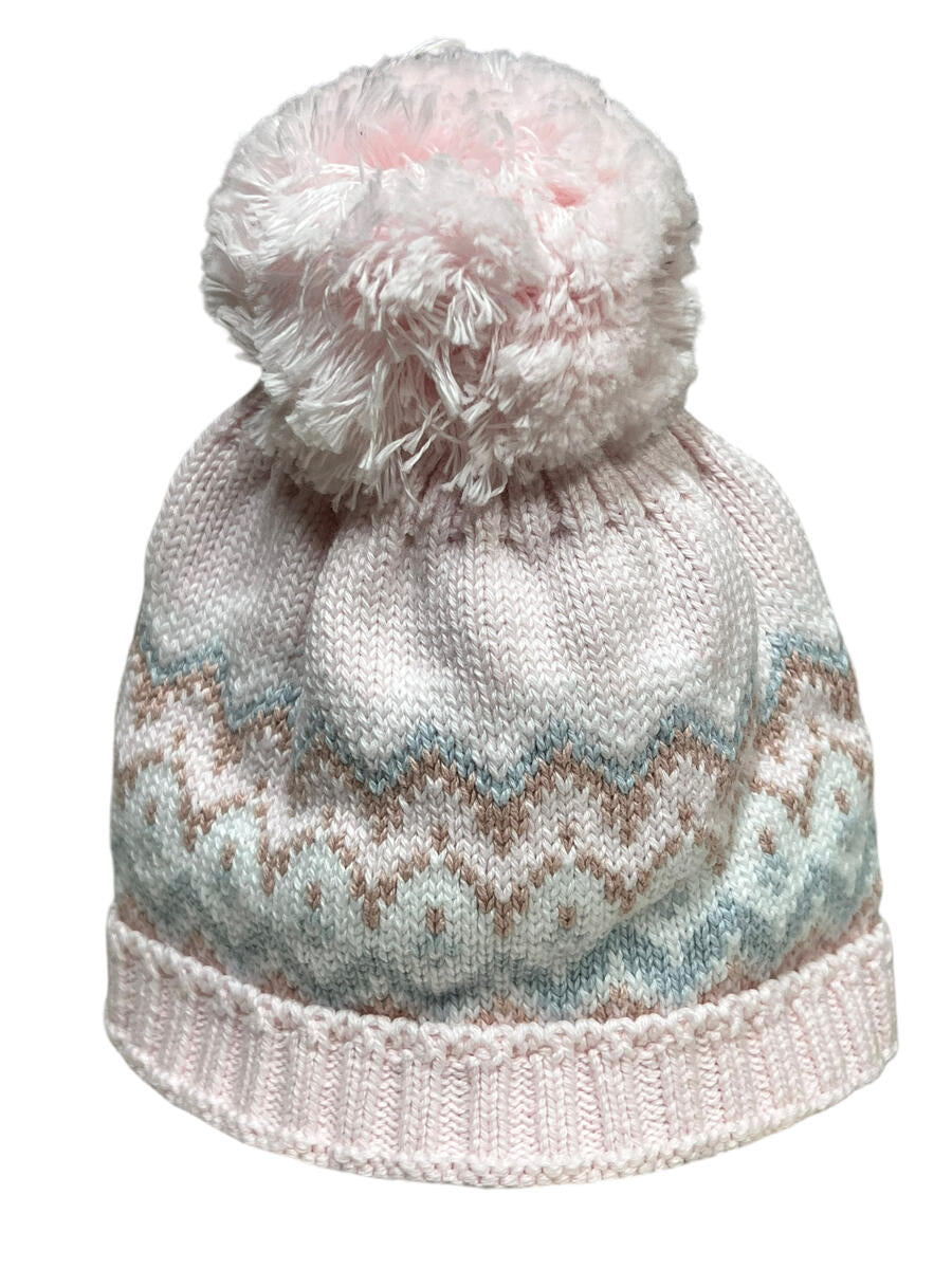 Mi Lucero Fair Isle Herringbone Toboggan Hat - Pink