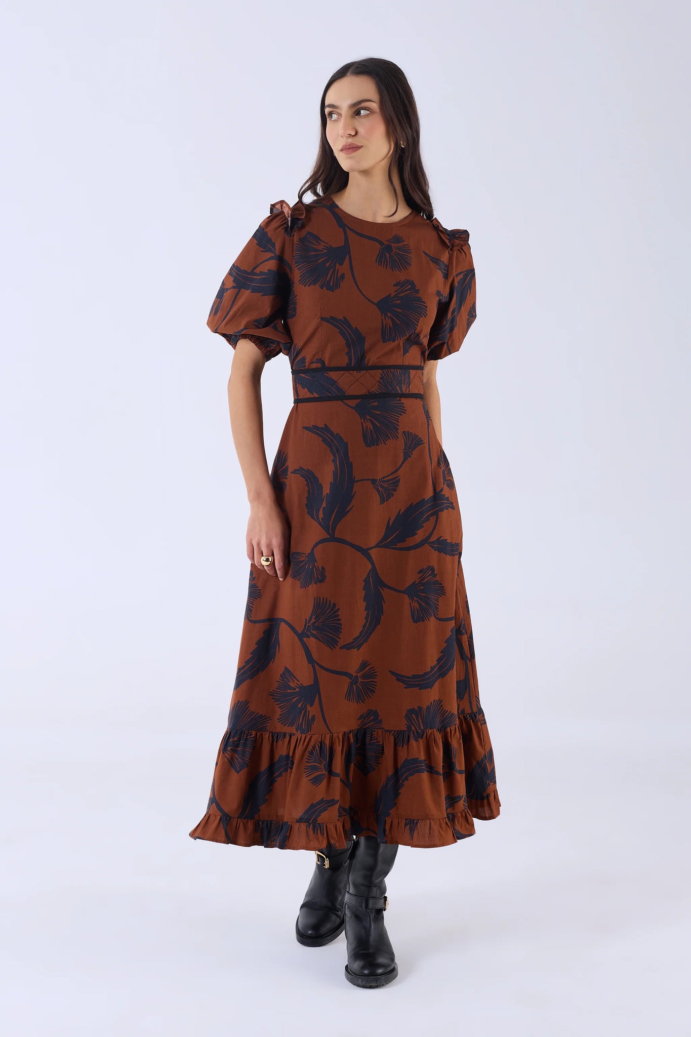 Beyond By Vera Antonia Dress - Noir Bloom Brown