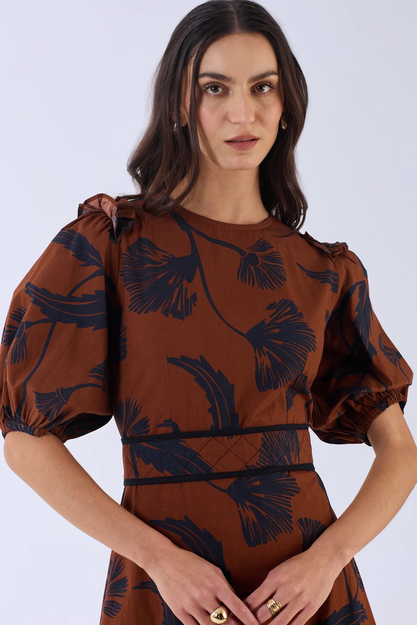 Beyond By Vera Antonia Dress - Noir Bloom Brown