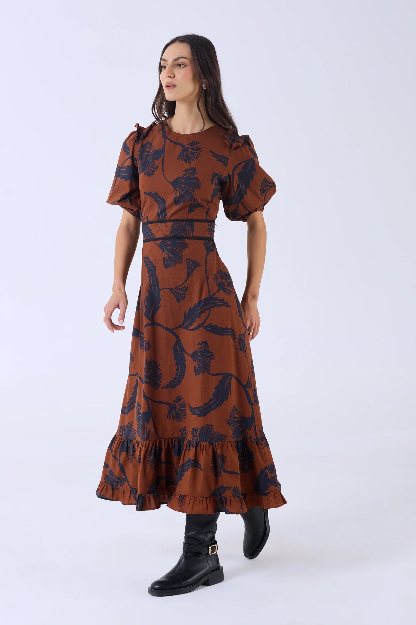 Beyond By Vera Antonia Dress - Noir Bloom Brown