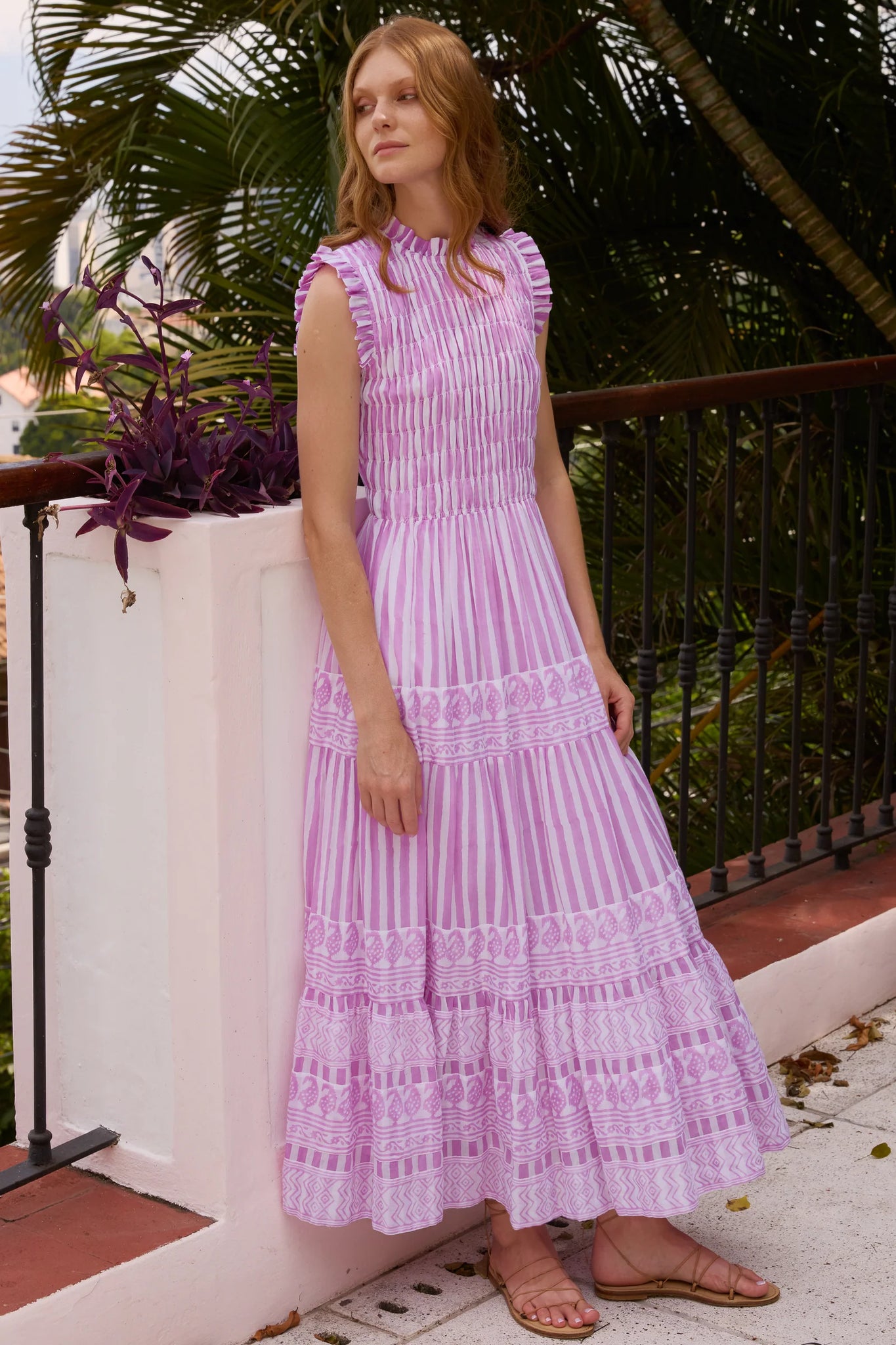 oliphant smocked maxi dress Sleeveless Ladies Square Roman Numeral Model_Michaella making it a great Color:Mykonos