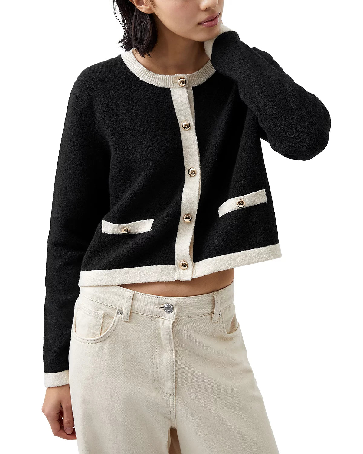 French Connection Vhari Contrast Cardigan - Black & Classic Cream