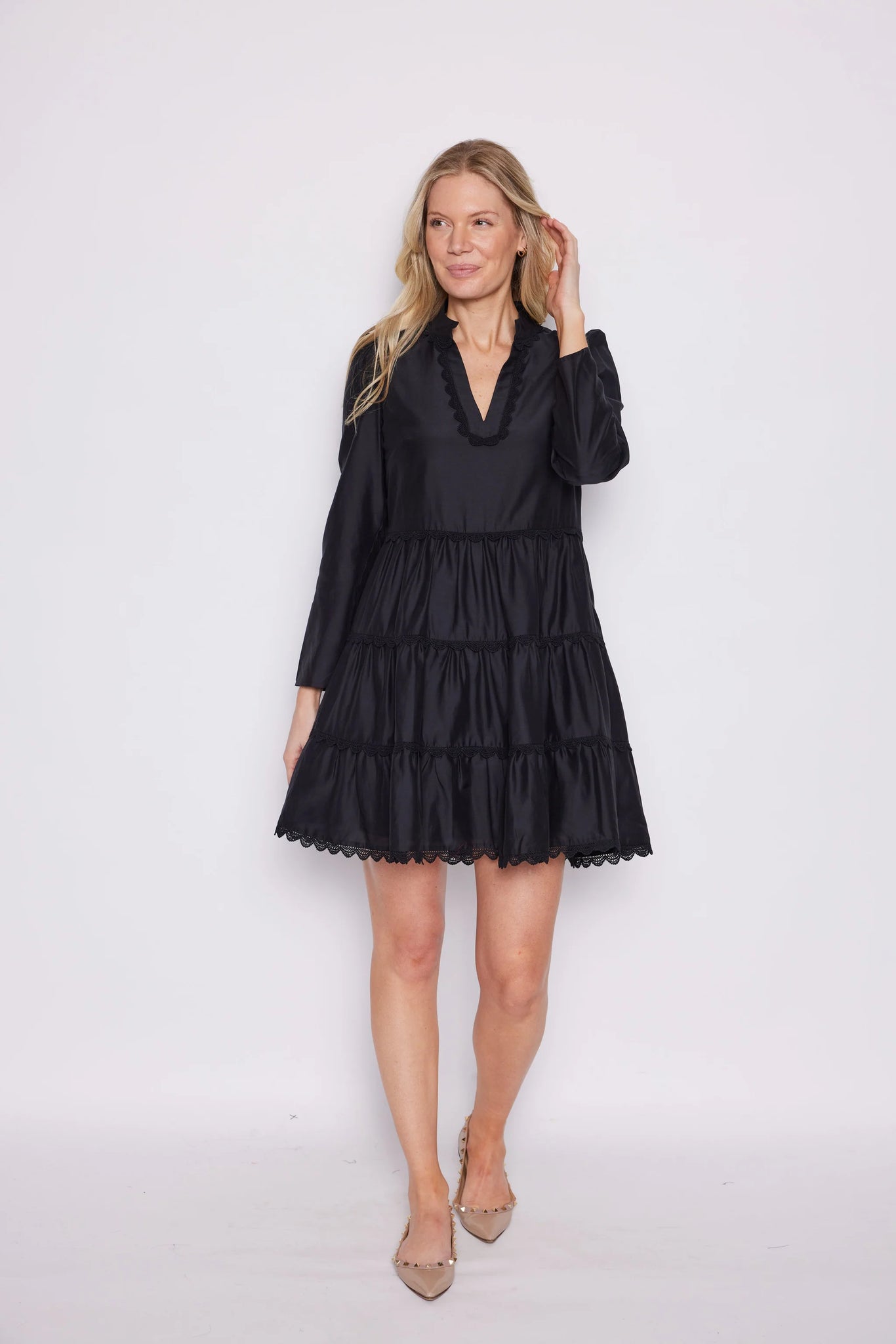 Sail to Sable Lace Trim Long Sleeve Tunic Flare Dress - Black