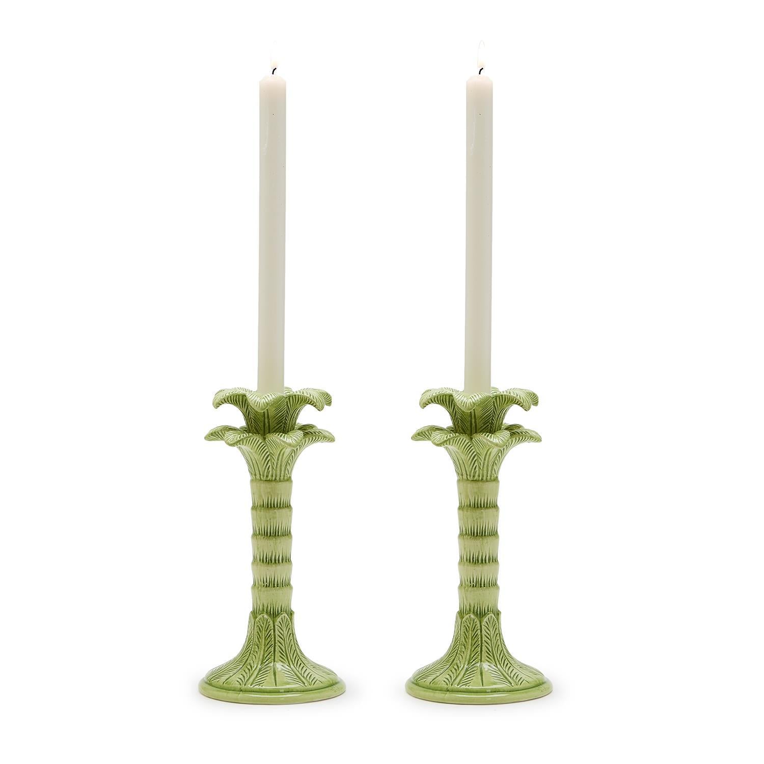 Two's Company Green Palm Leaf Taper Candlestick Holder