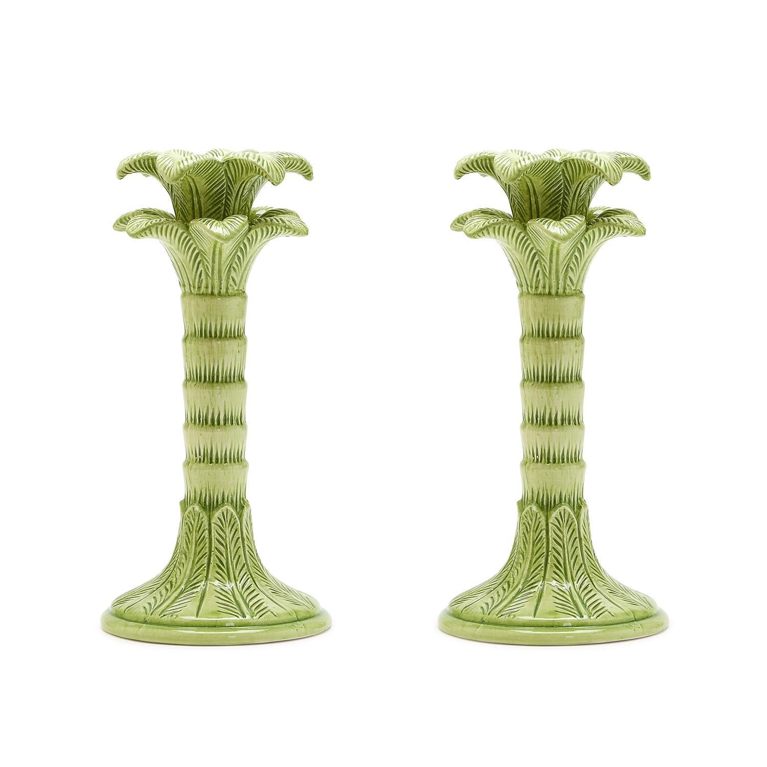 Two's Company Green Palm Leaf Taper Candlestick Holder