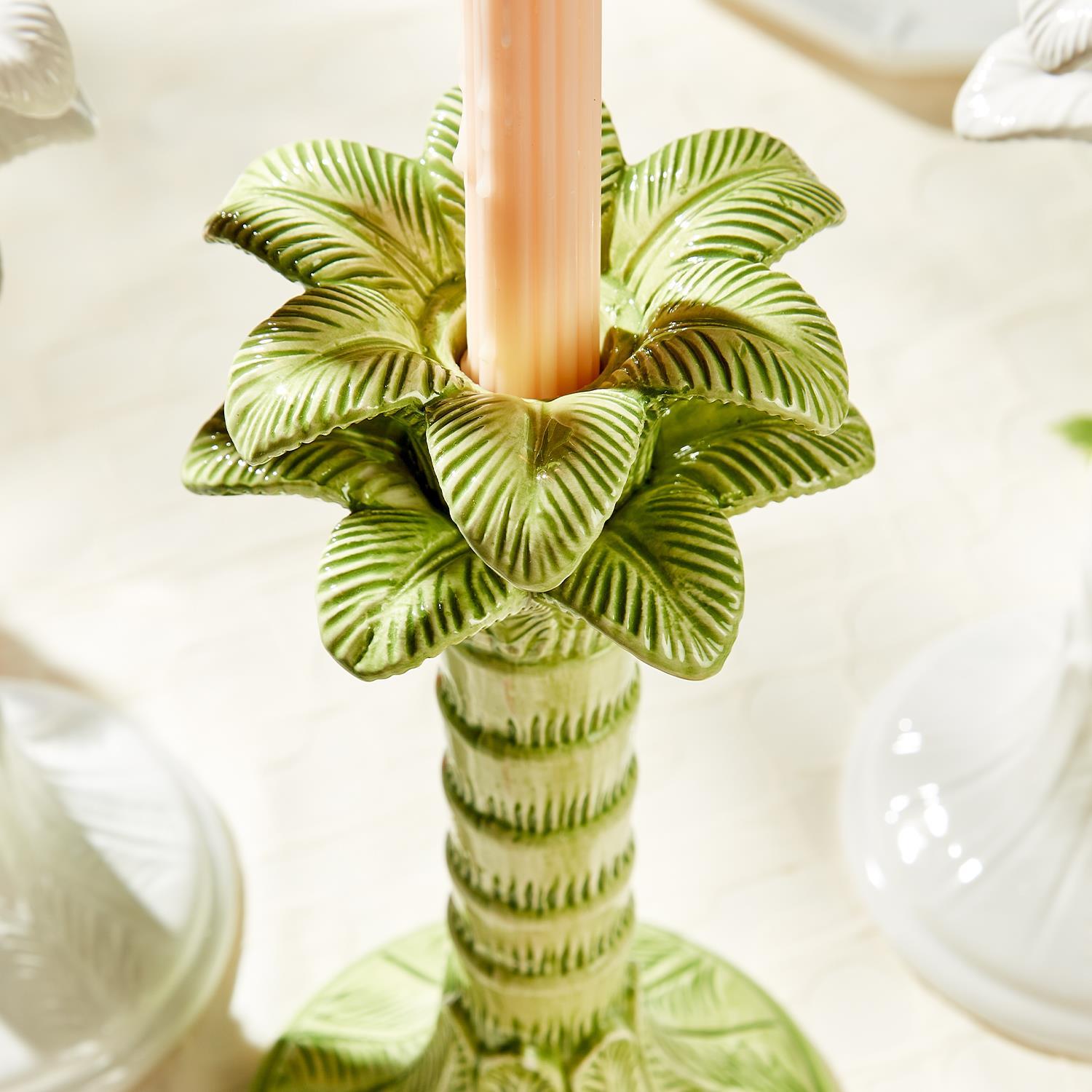 Two's Company Green Palm Leaf Taper Candlestick Holder