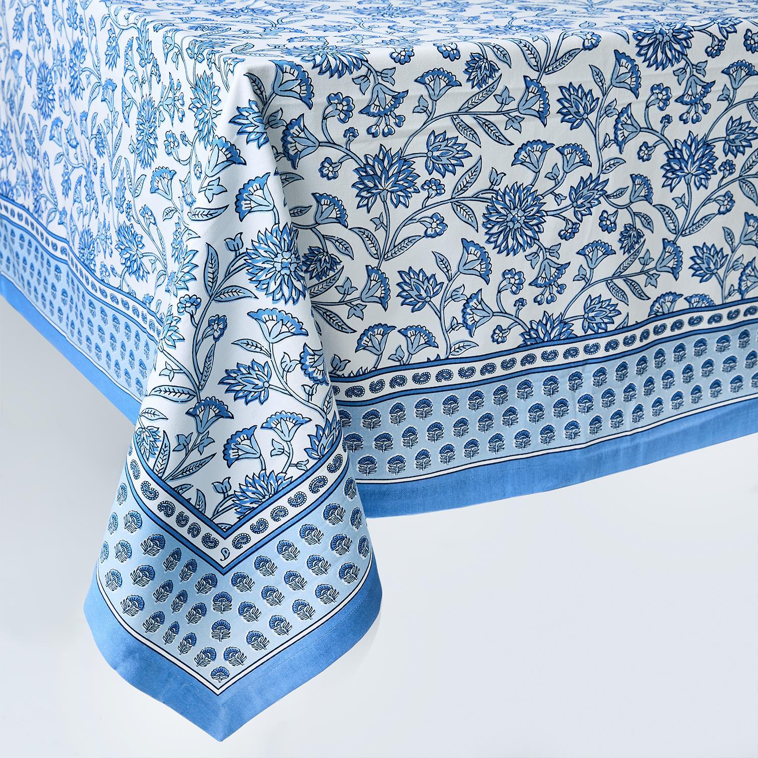 Two's Company Chinoiserie Blue Block Print Tablecloth