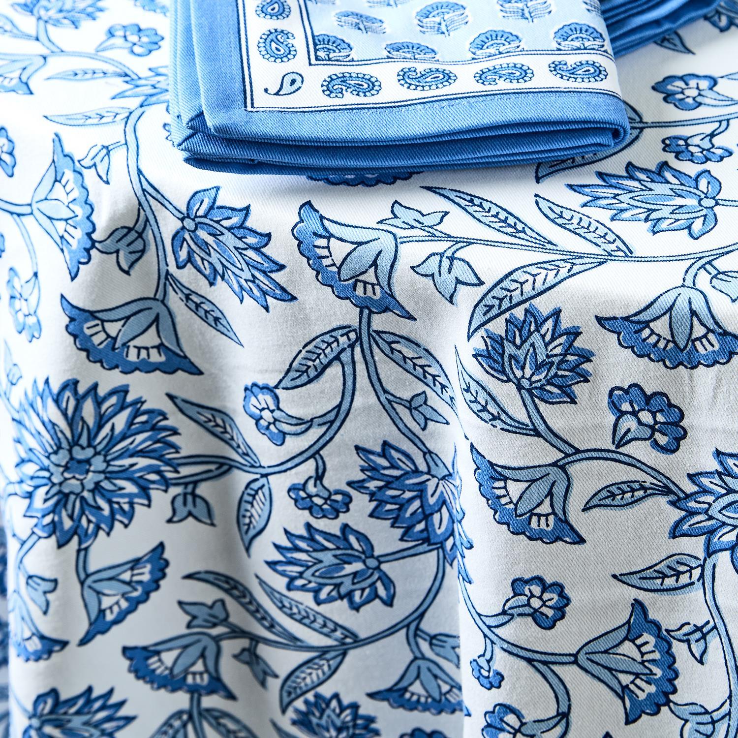 Two's Company Chinoiserie Blue Block Print Tablecloth