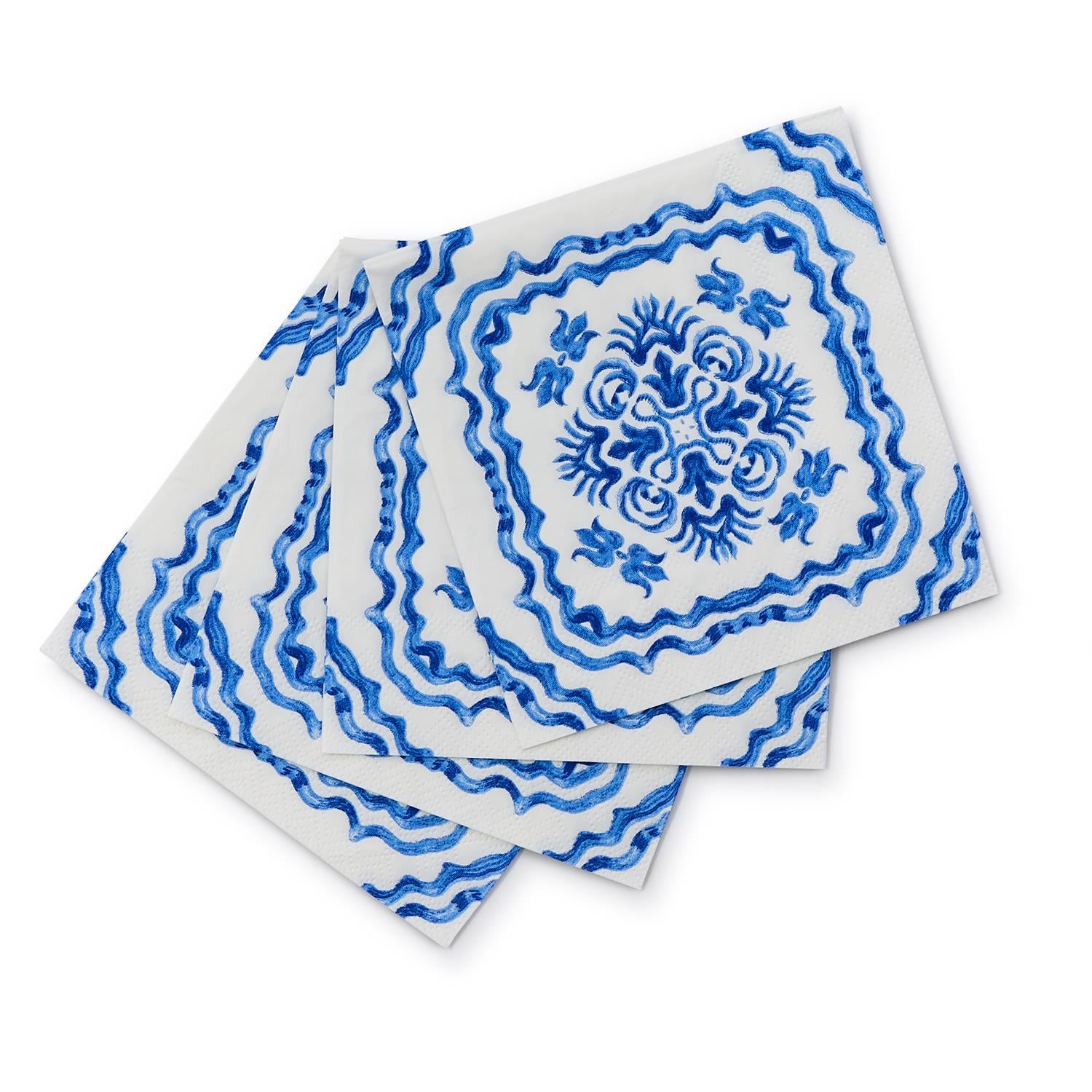 Two's Company Blue Tile Block Print Paper Cocktail Napkins
