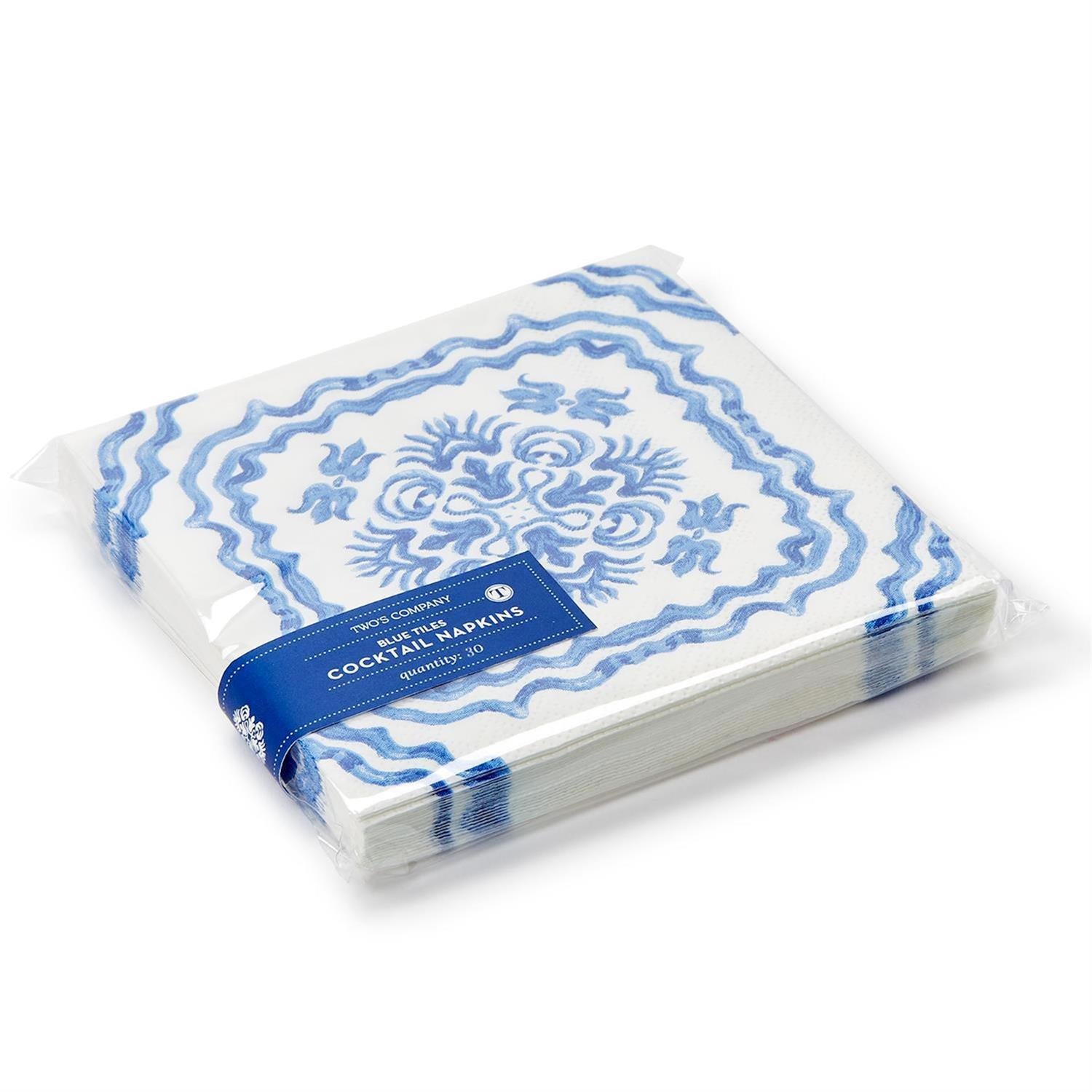Two's Company Blue Tile Block Print Paper Cocktail Napkins
