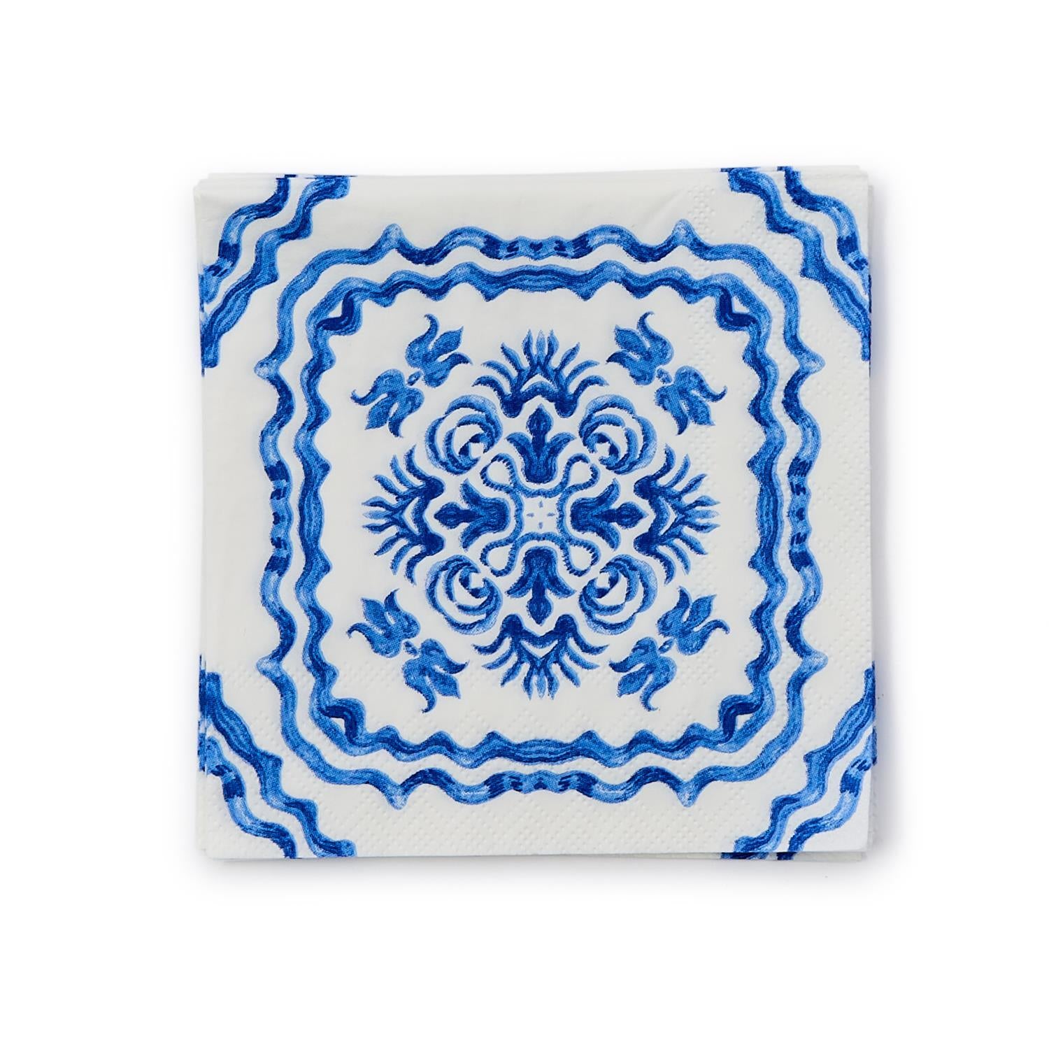 Two's Company Blue Tile Block Print Paper Cocktail Napkins