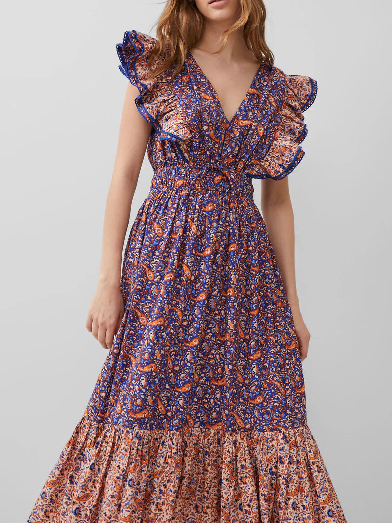 French Connection Anathia Blaire Cotton Dress - Royal Blue/ Peach