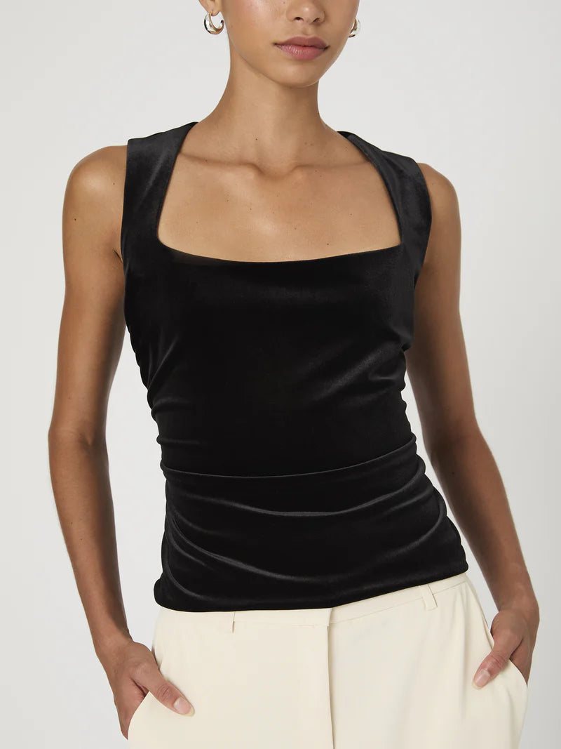 French Connection Stretch Velvet Square Neck Top - Black