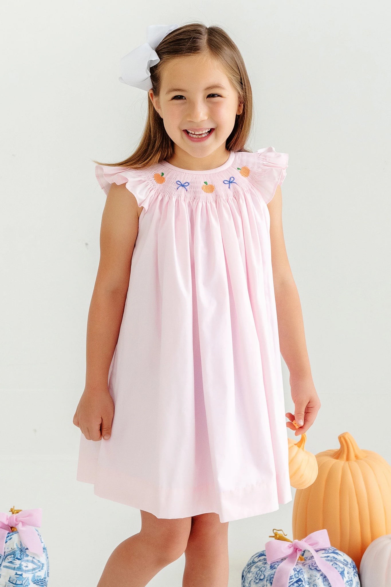 The Beaufort Bonnet Company - Angel Sleeve Sandy Smocked Dress - Palm Beach Pink with Pumpkin & Bow Smocking