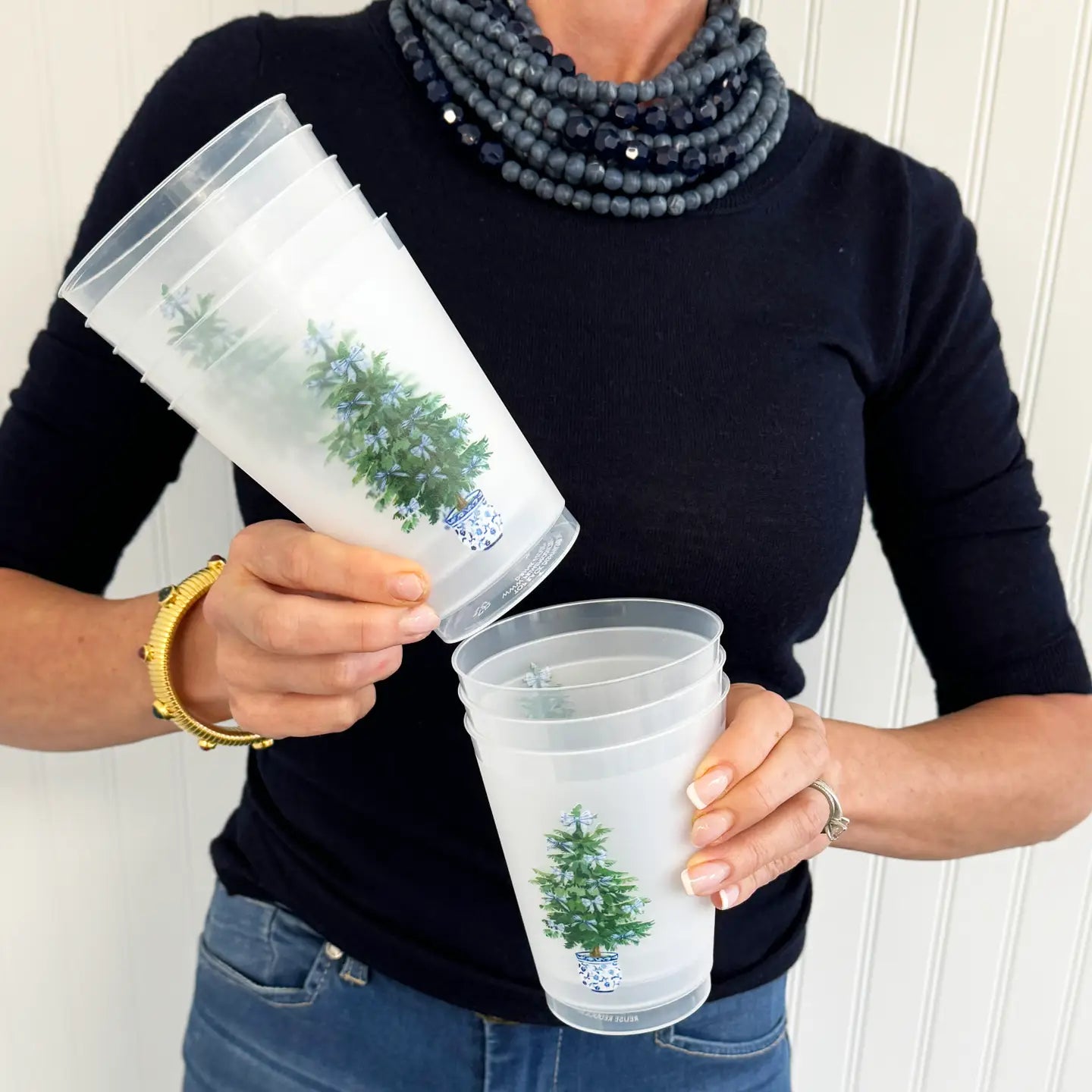 WH Hostess 16 oz. Shatterproof Cups - Blue Bows Christmas Tree