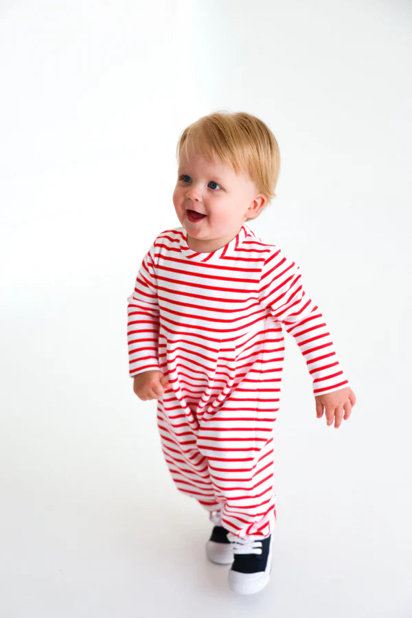 The Beaufort Bonnet Company Long Sleeve Bradford Romper - Richmond Red Stripe