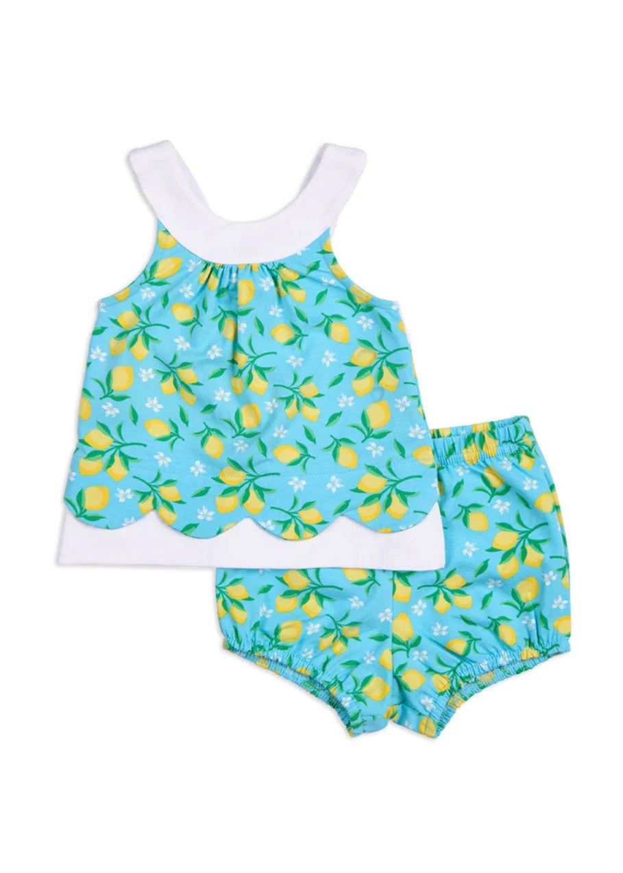 Florence Eiseman Lemon Print Dress & Bloomer Knit Set