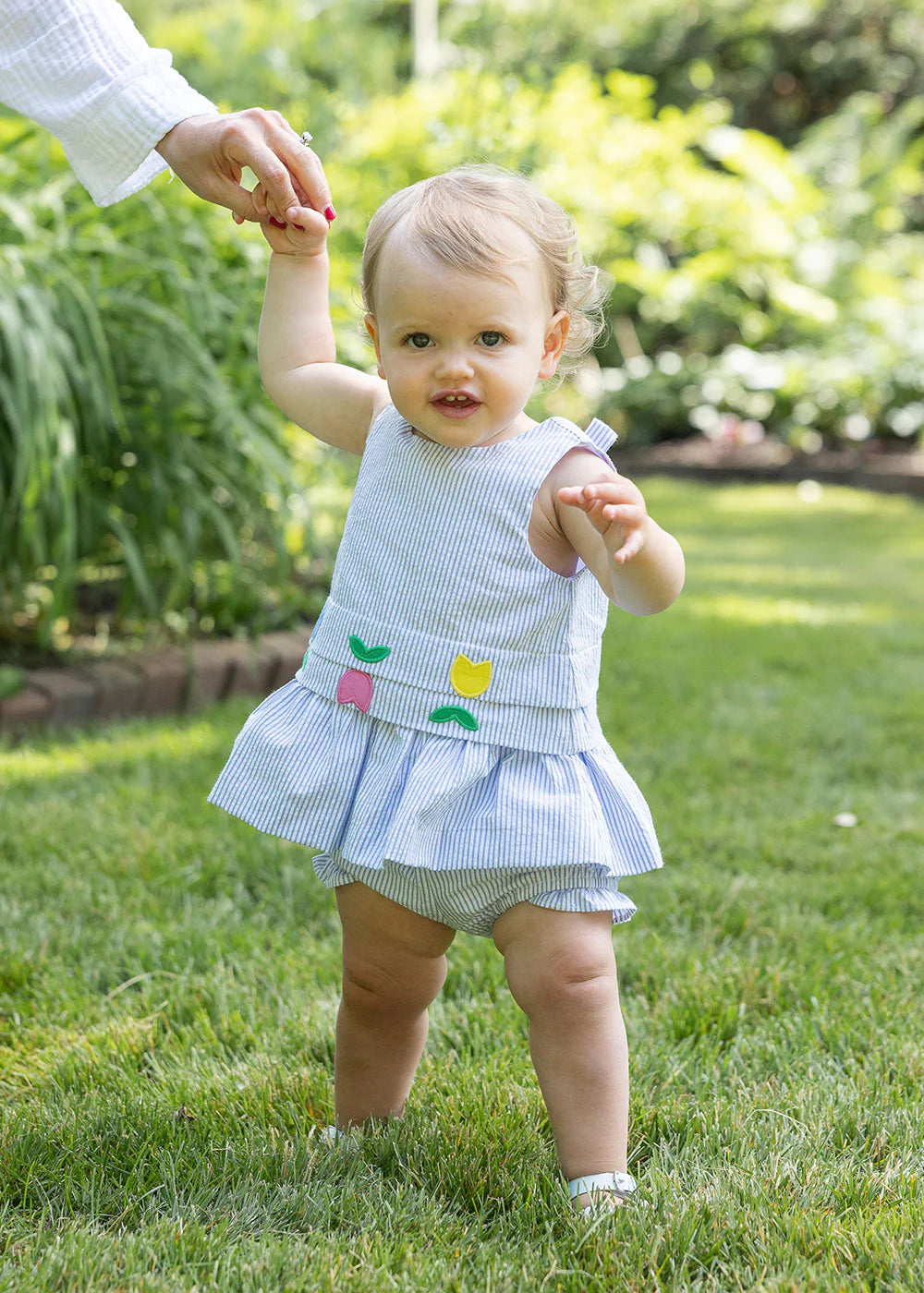 Florence Eiseman Seersucker Dress & Bloomer w/ Tulips - Blue/White