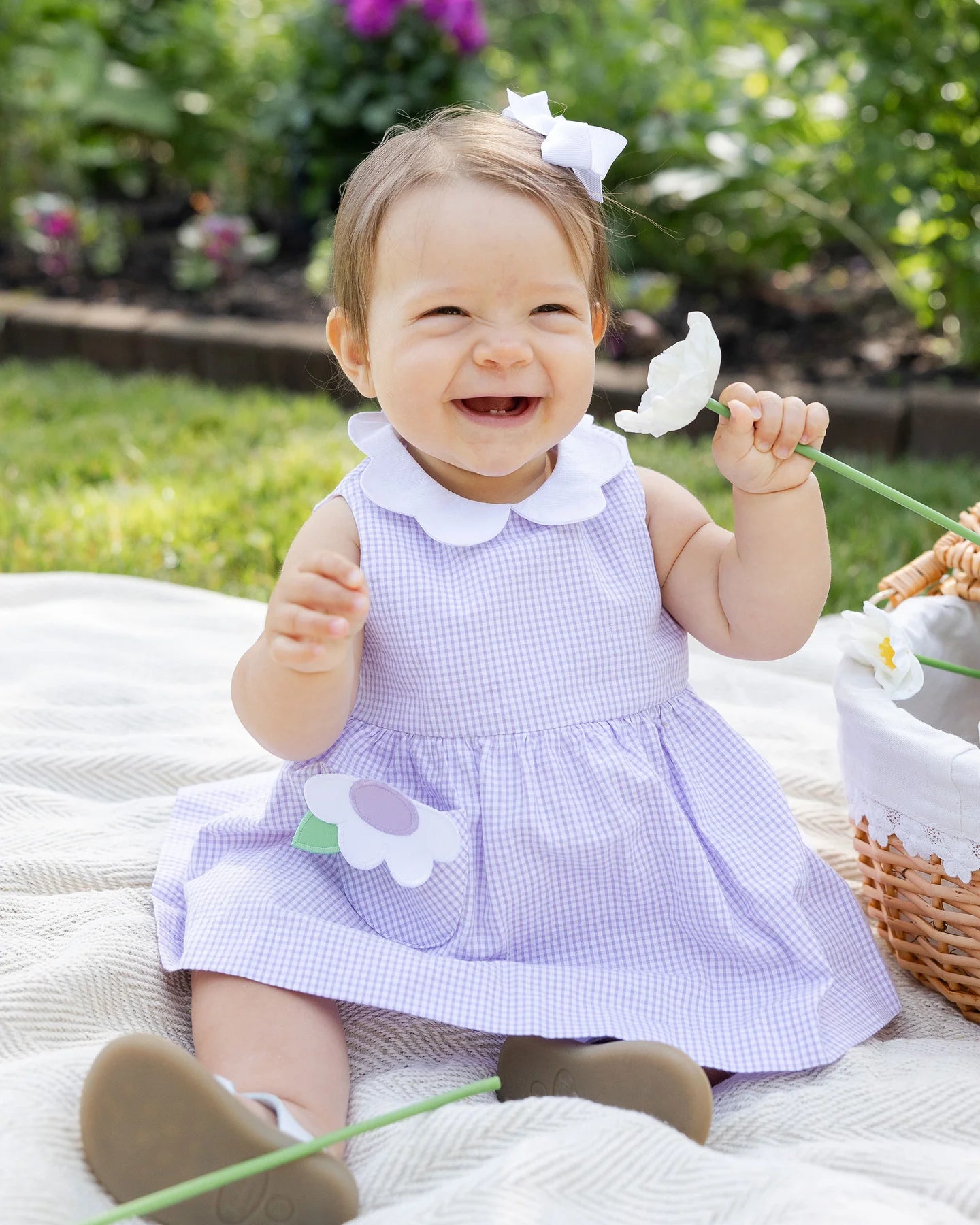 Florence Eiseman Check Seersucker Romper w/ Flower - Lavendar/White