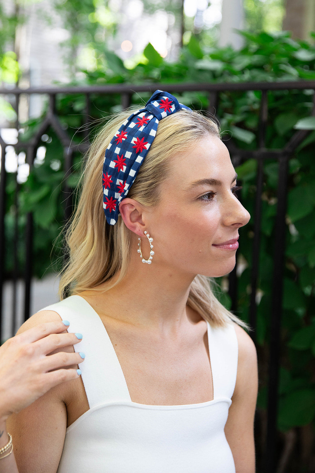 Beth Ladd Collections Headband - Blue Gingham with Red Stars