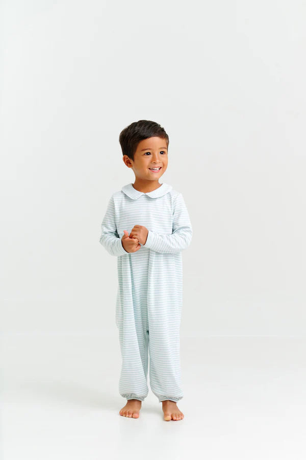 The Beaufort Bonnet Company Long Sleeve Bradford Romper - Old Greenwich Green Stripe w/ Worth Ave. White