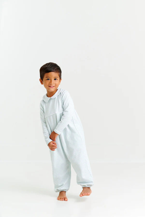 The Beaufort Bonnet Company Long Sleeve Bradford Romper - Old Greenwich Green Stripe w/ Worth Ave. White