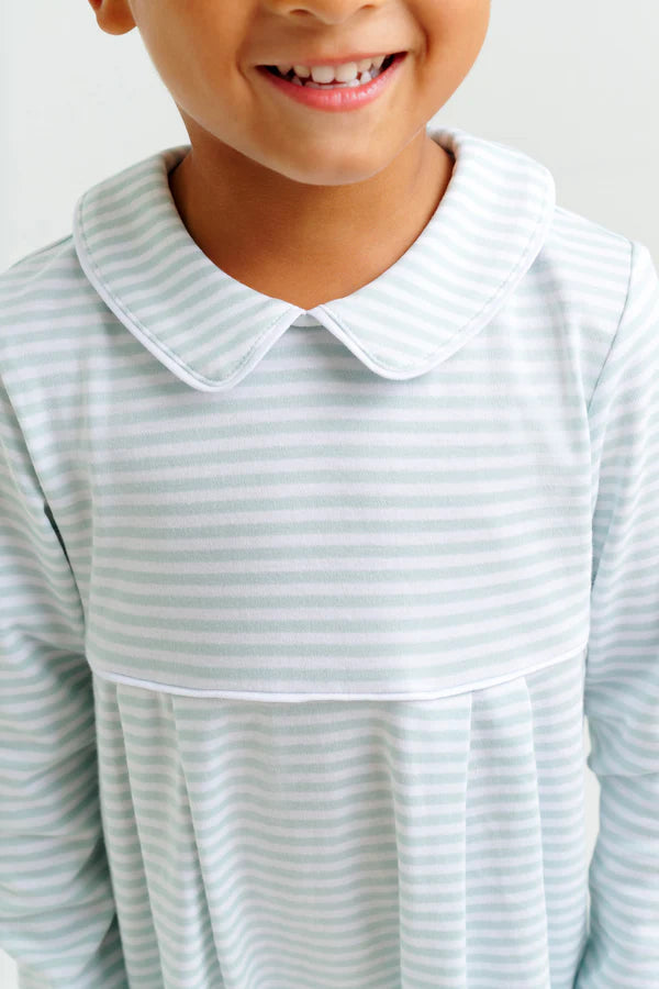 The Beaufort Bonnet Company Long Sleeve Bradford Romper - Old Greenwich Green Stripe w/ Worth Ave. White