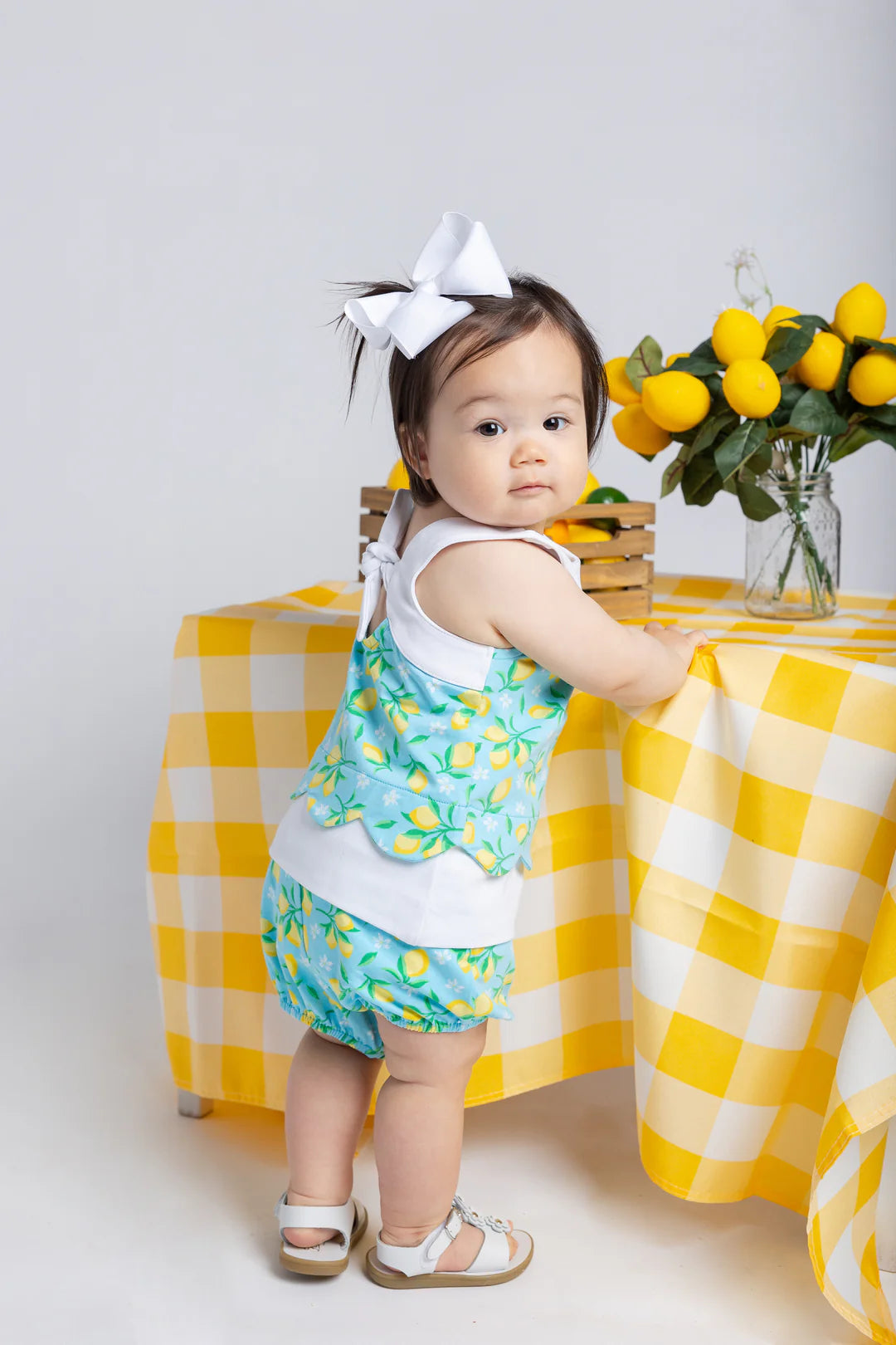 Florence Eiseman Lemon Print Dress & Bloomer Knit Set