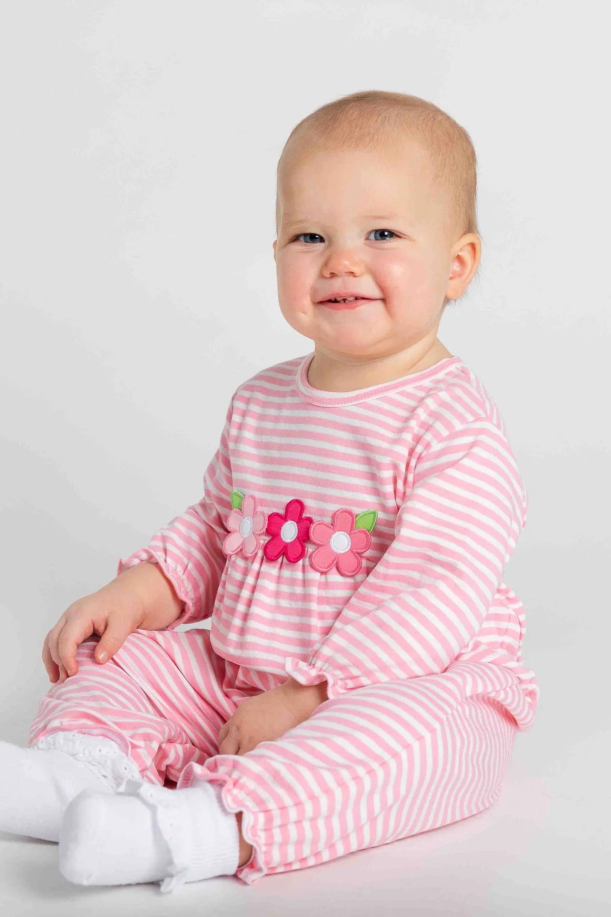 Florence Eiseman Stripe Knit Longall w/ Flowers - Pink/White
