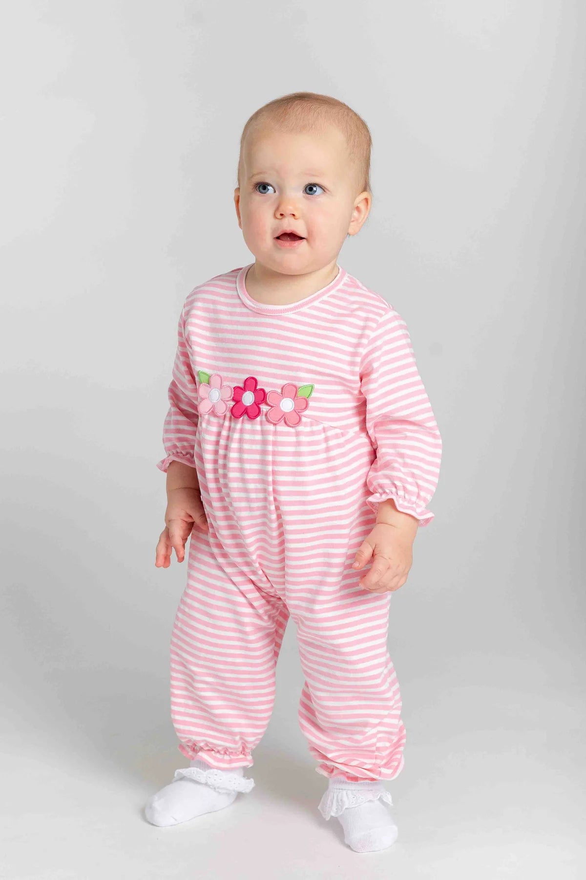 Florence Eiseman Stripe Knit Longall w/ Flowers - Pink/White