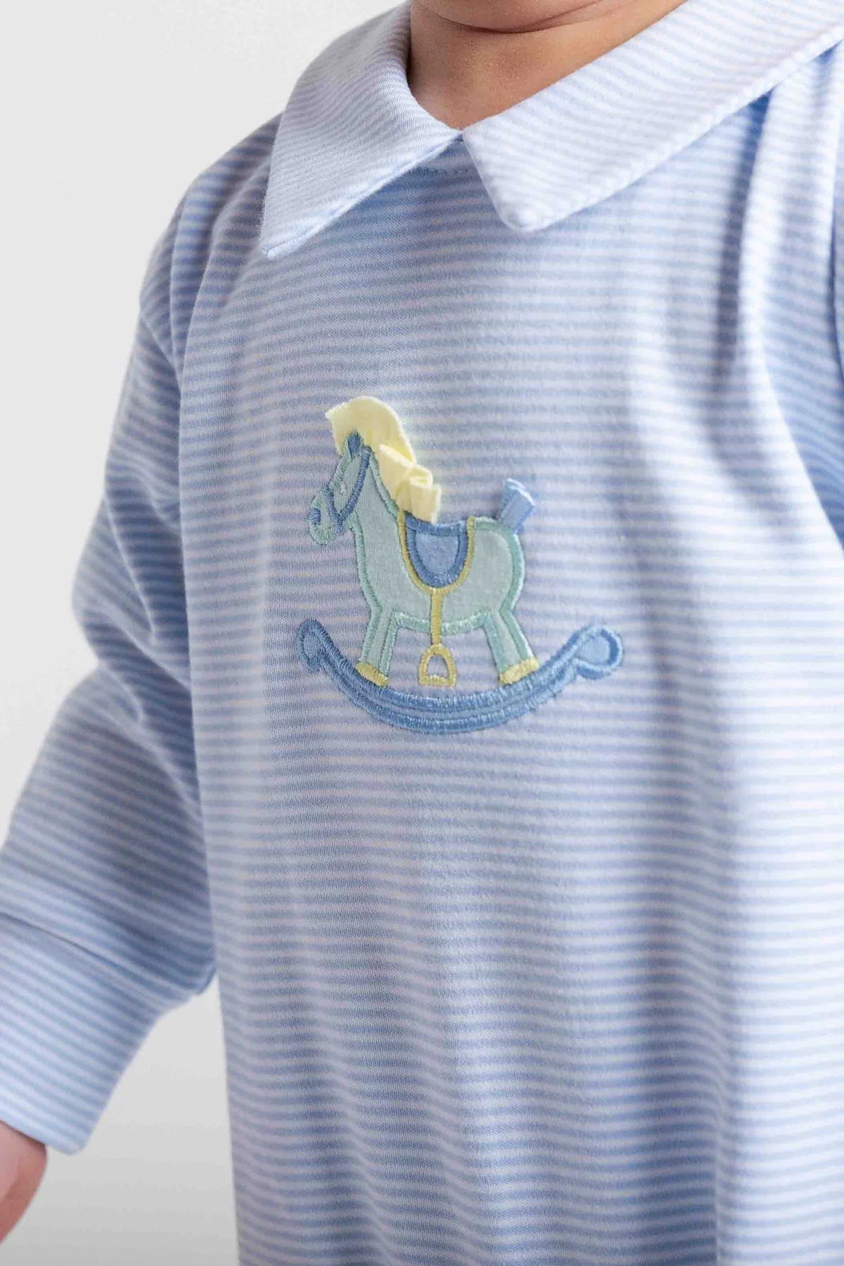 Florence Eiseman Stripe Knit Longall w/ Rocking Horse - Blue/White