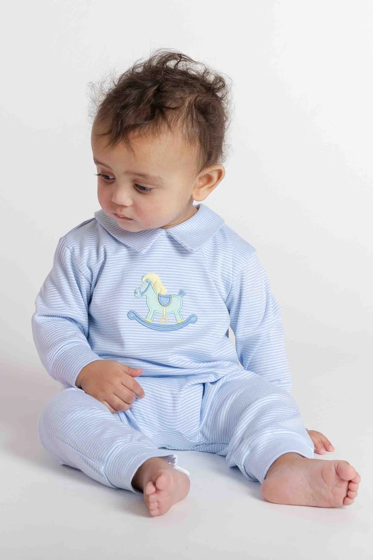 Florence Eiseman Stripe Knit Longall w/ Rocking Horse - Blue/White