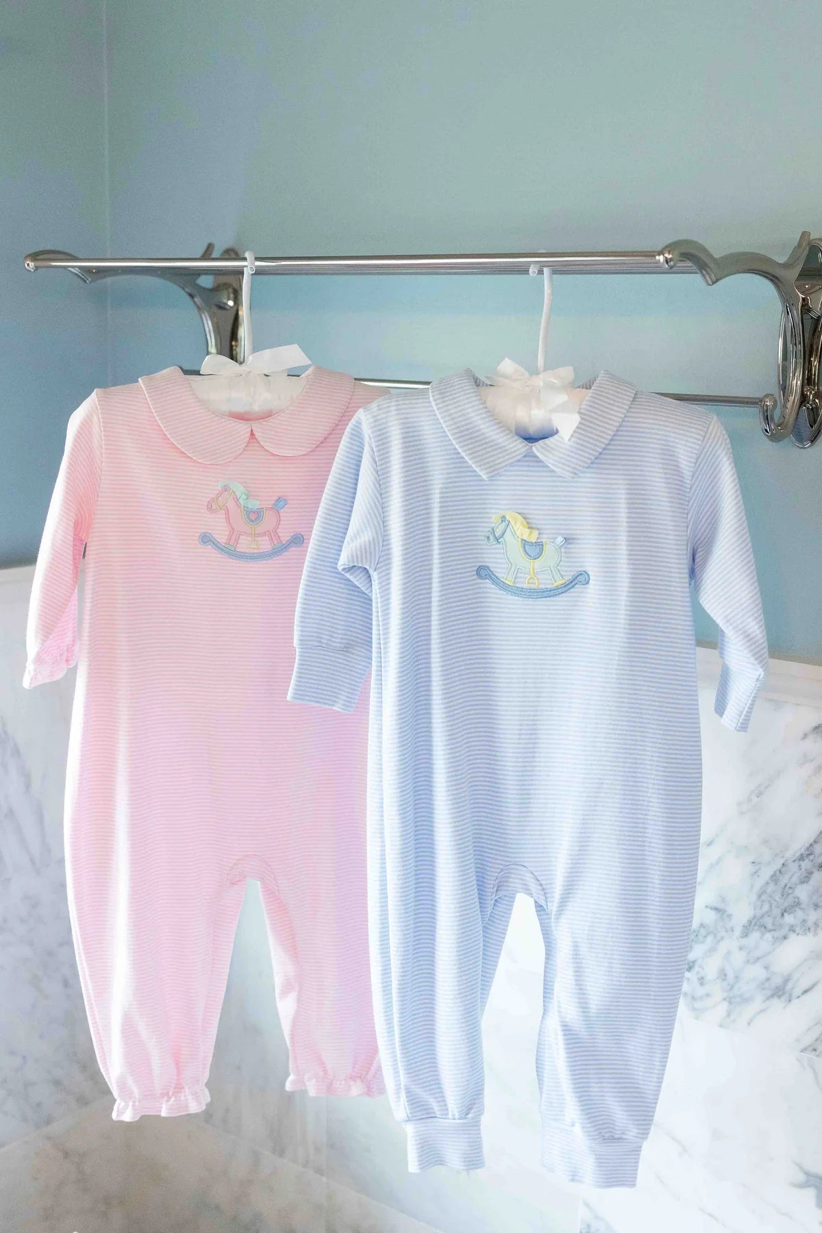 Florence Eiseman Stripe Knit Longall w/ Rocking Horse - Blue/White