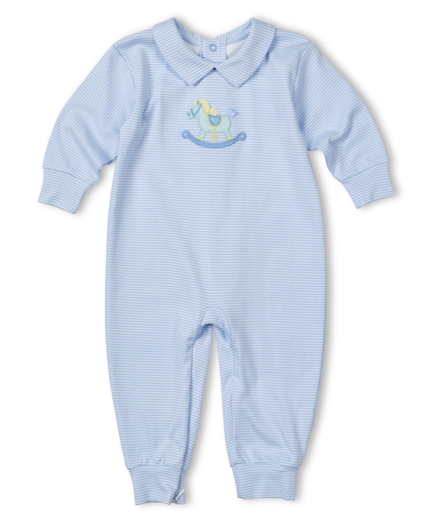 Florence Eiseman Stripe Knit Longall w/ Rocking Horse - Blue/White