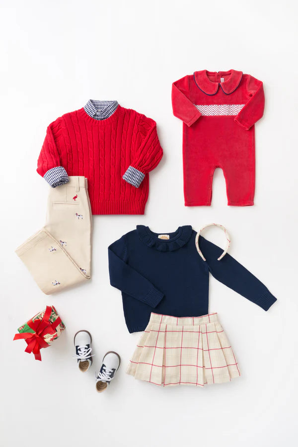 The Beaufort Bonnet Company Samuel Smocked Romper - Richmond Red Velour