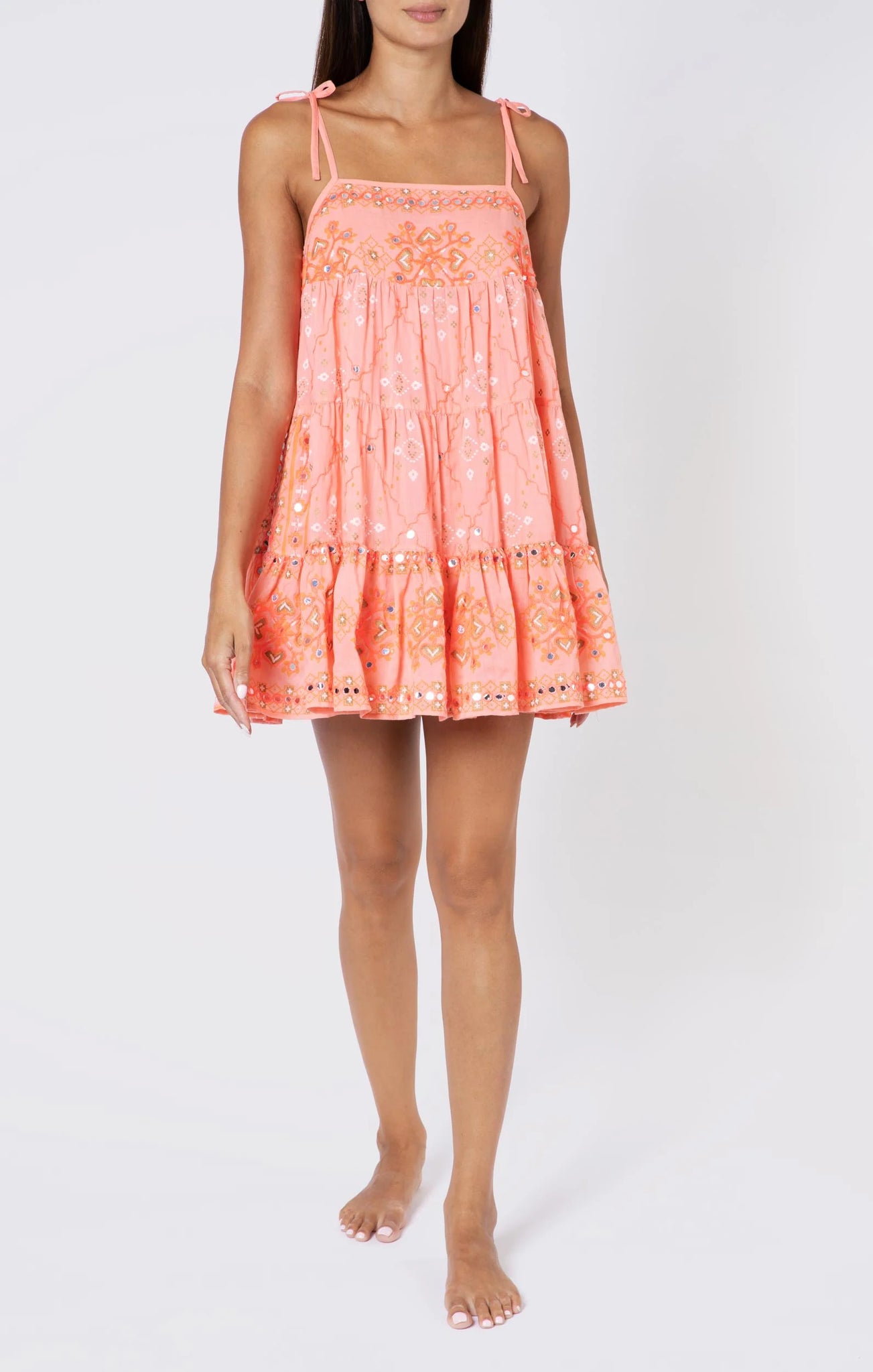 Juliet Dunn Trapeze Mini Dress with Mosaic Mirror Embroidery - Coral