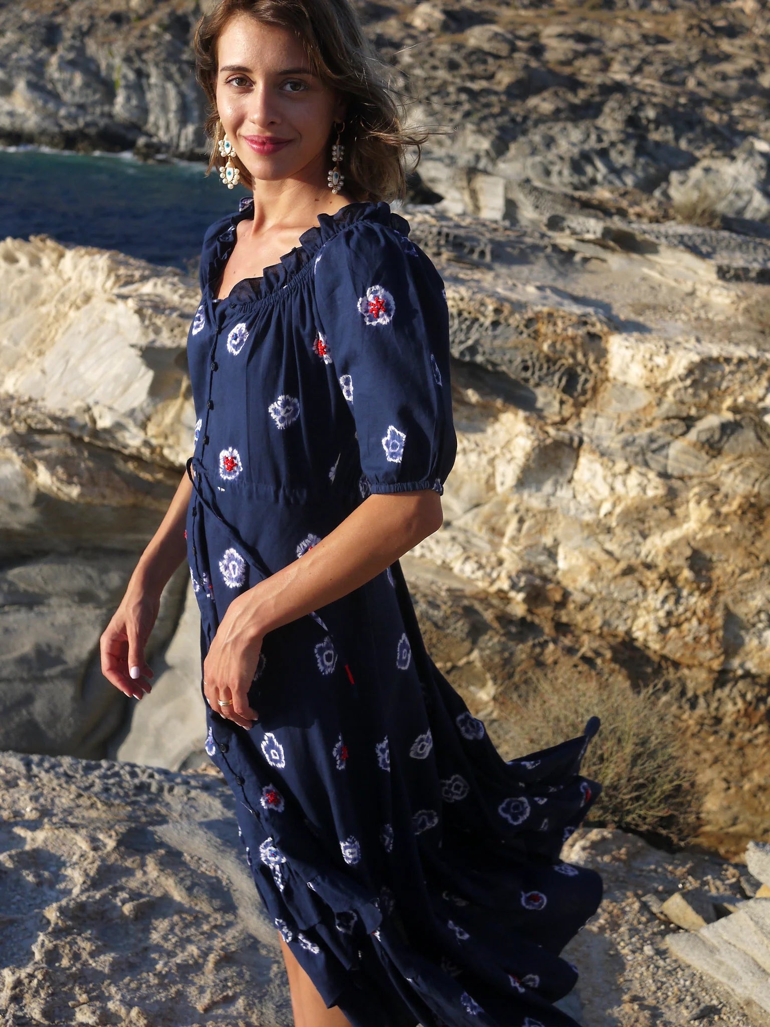 Buggy NYC Market Dress in Hand Shibori & Nacy Embroidery - Navy Shibori