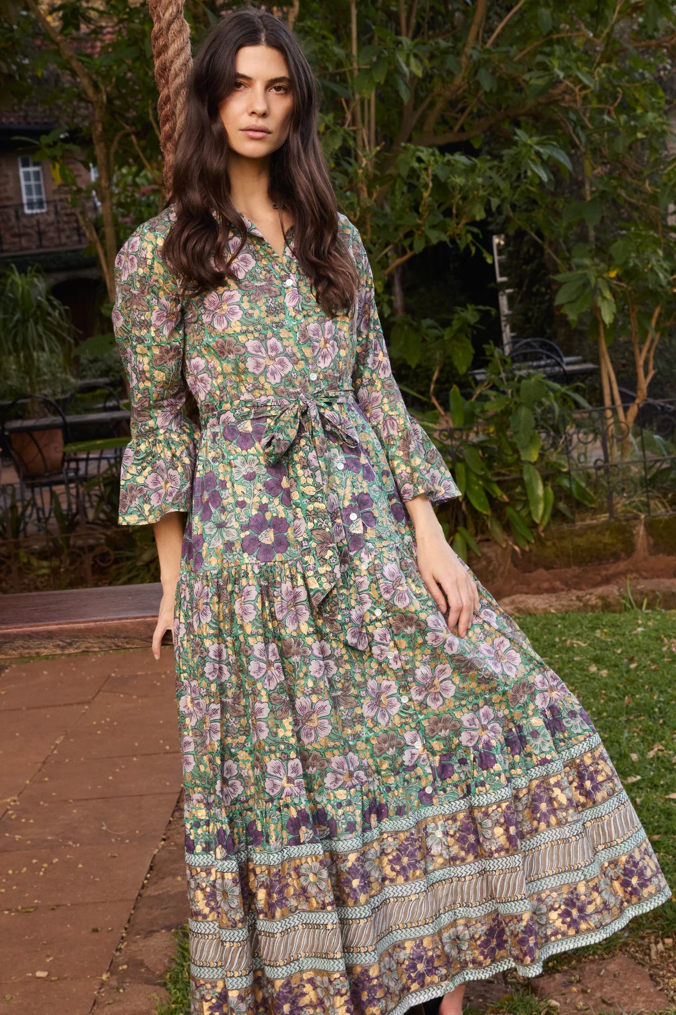 Oliphant Ruffle Collar Bell Maxi Dress - Matera Green