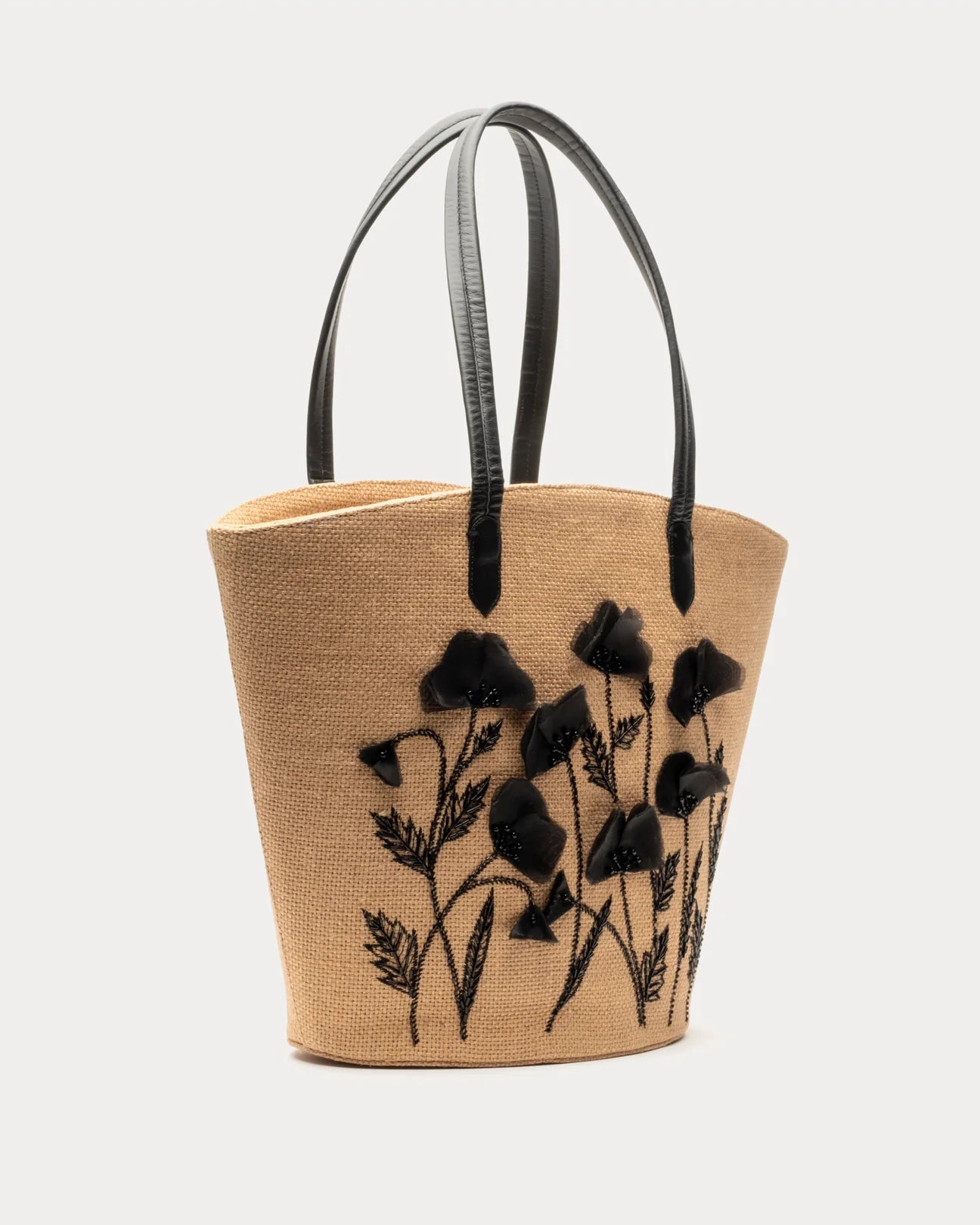Frances Valentine Jute Bag w/ Floral Embroidery Natural Black