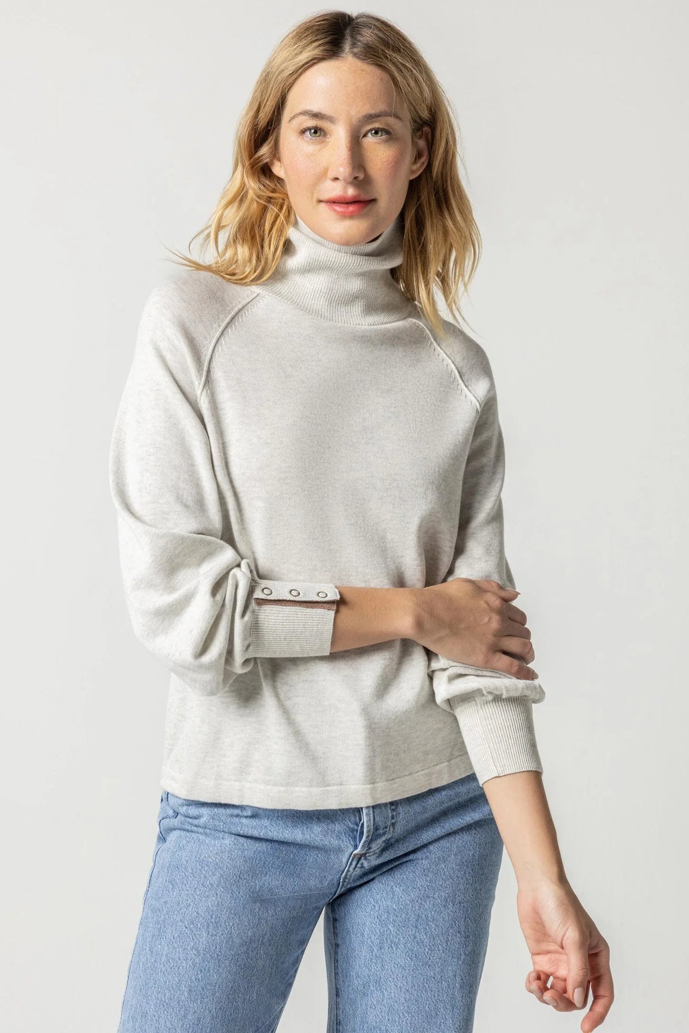 Lilla P Snap Cuff Turtleneck Sweater - Gardenia