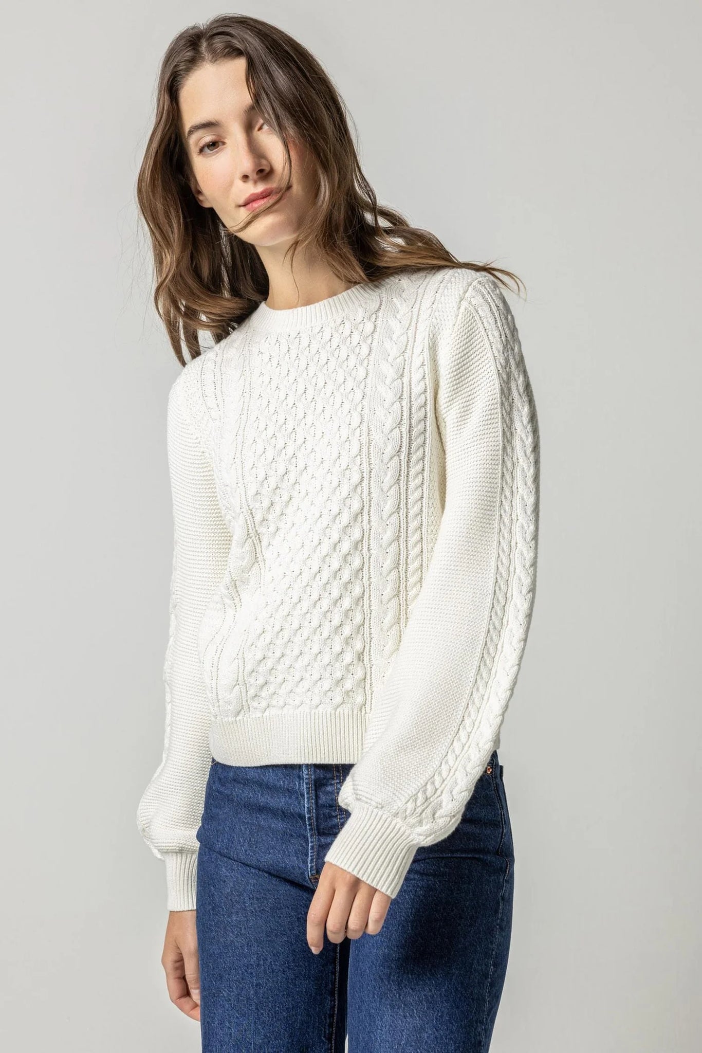 Lilla P Long Sleeve Cable Crewneck Sweater - Ivory