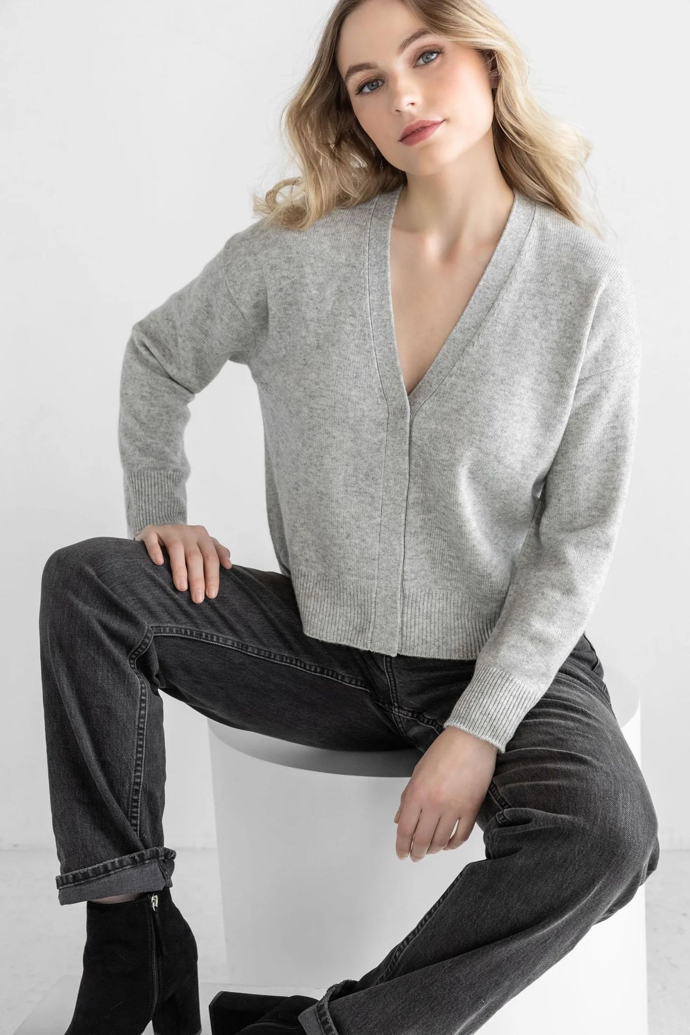 Lilla P Snap Front Cardigan Sweater- Heather Grey