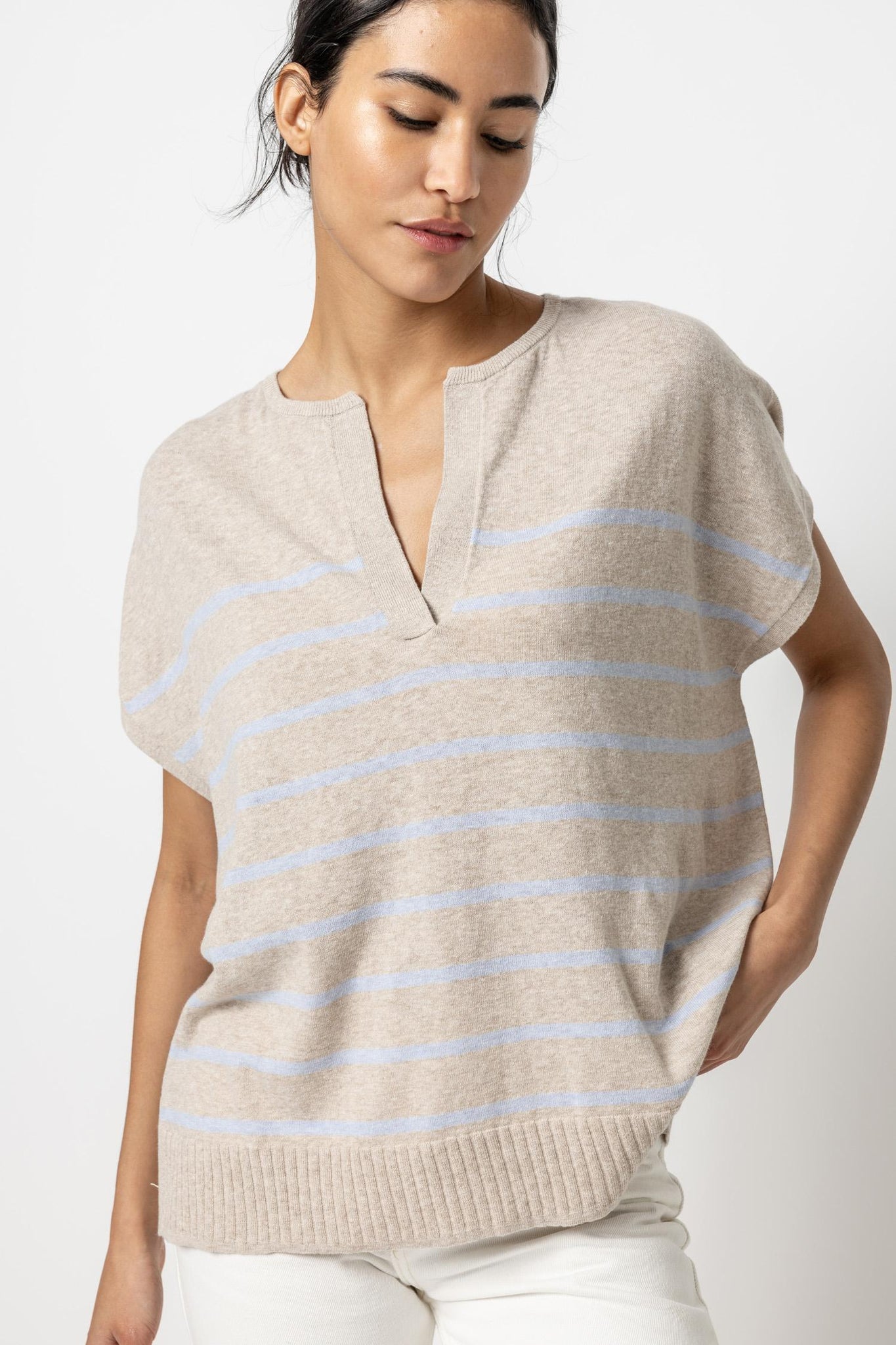 Lilla P Striped Split Neck Tunic Sweater - Wheat Stripe