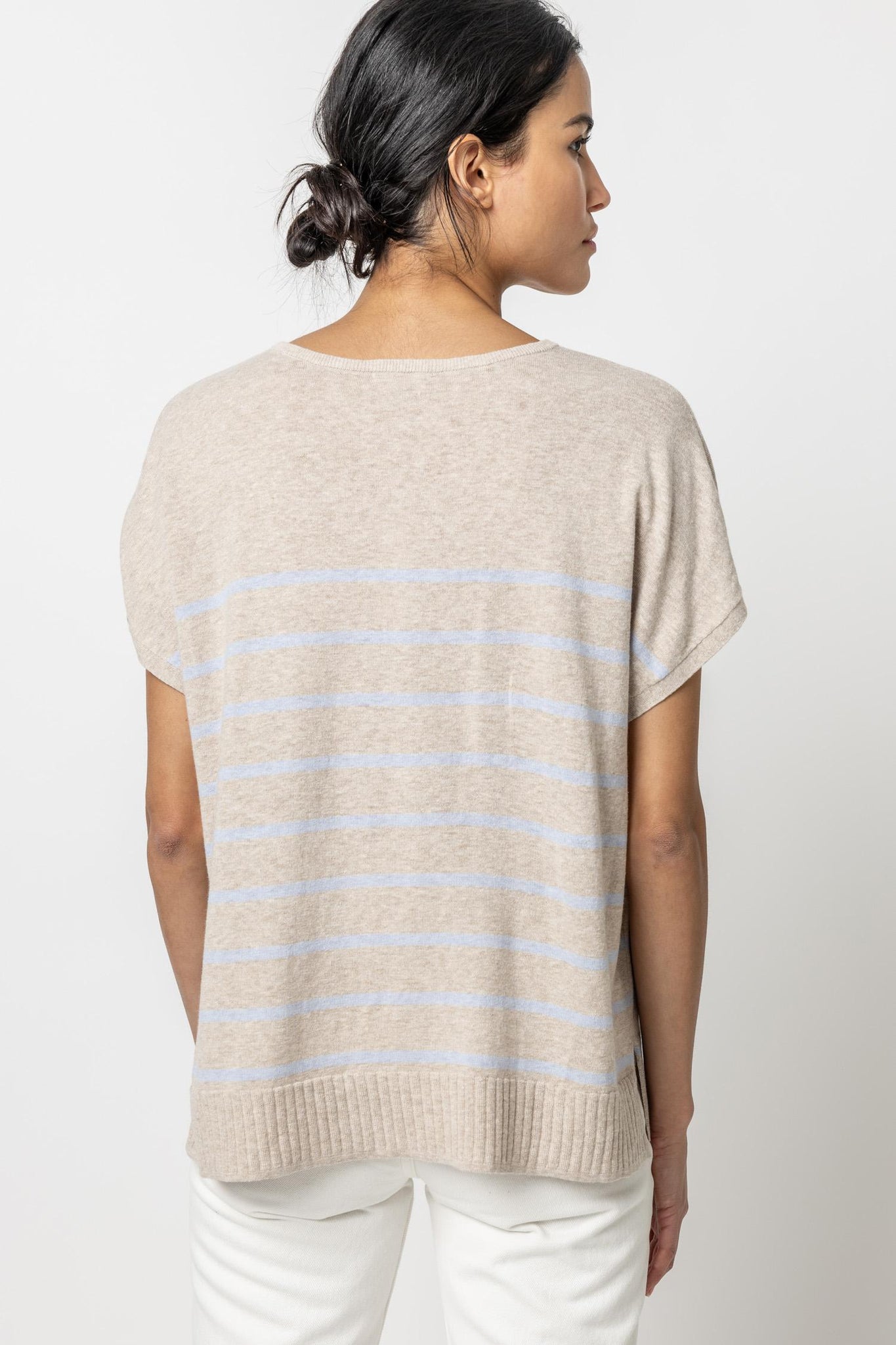 Lilla P Striped Split Neck Tunic Sweater - Wheat Stripe