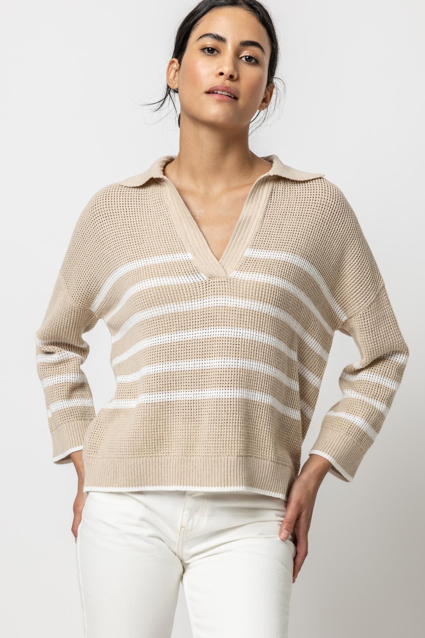 Lilla P Textured Strip Polo Sweater - Husk/White
