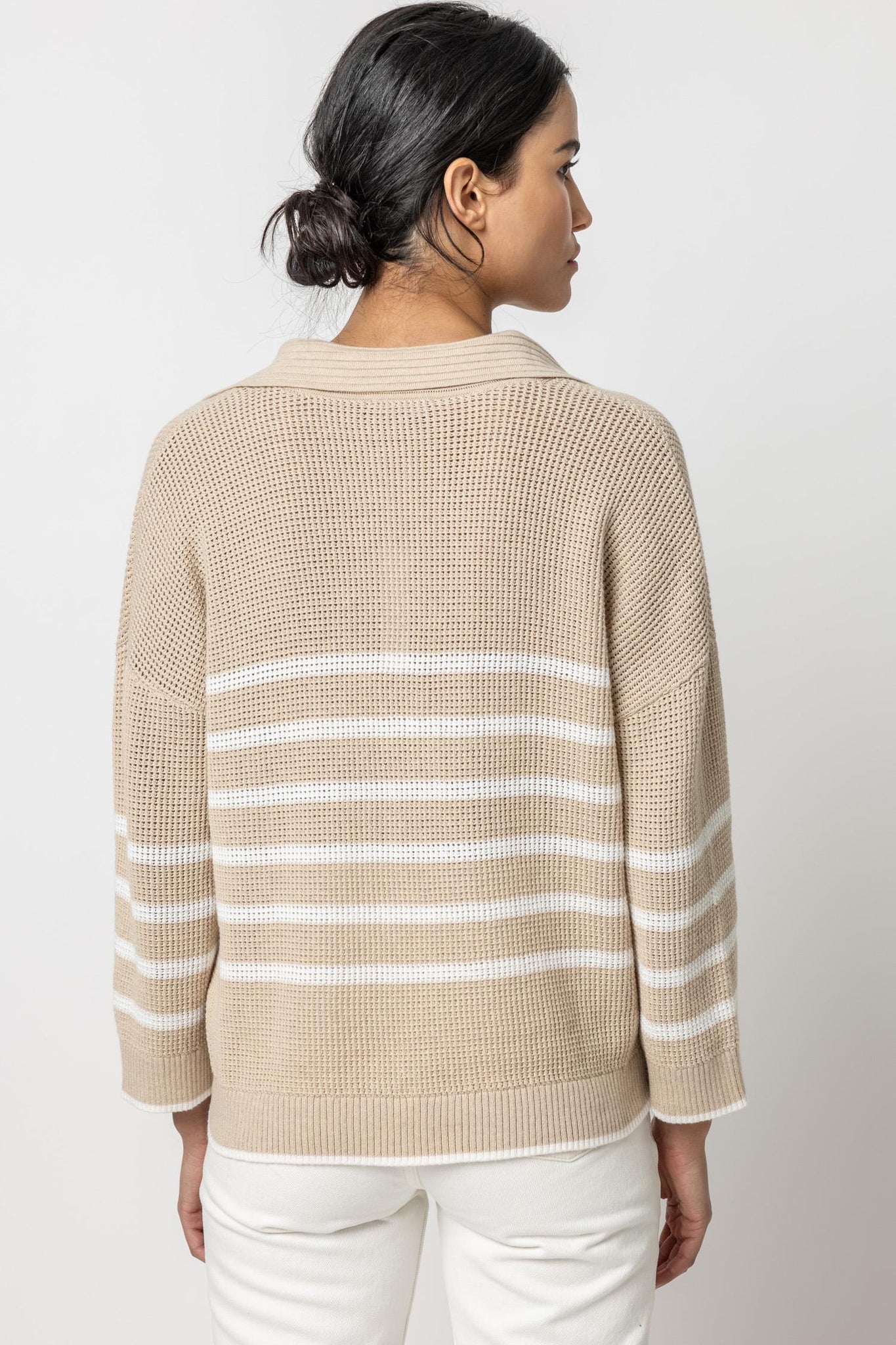 Lilla P Textured Strip Polo Sweater - Husk/White