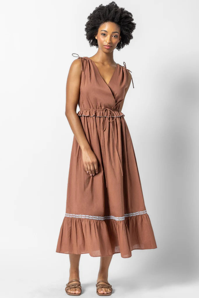 Lilla P Gathered Waist V-Neck Dress - Burnt Sienna