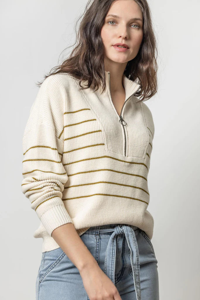 Lilla P Striped Zip Front Sweater - Cream Stripe